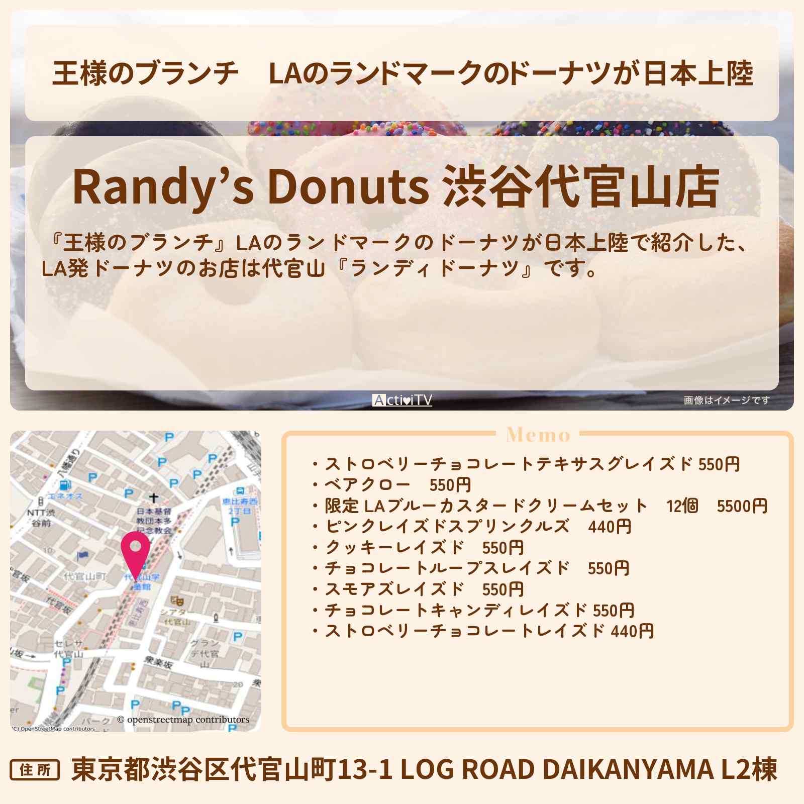 【王様のブランチ】LAのランドマークのドーナツが日本上陸『ランディドーナツ』のお店の場所〔トレンド部〕