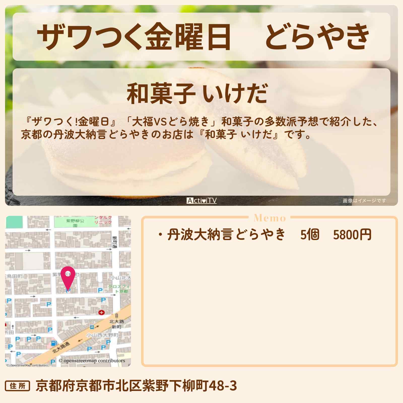 【ザワつく金曜日】どらやき 京都『和菓子 いけだ』丹波大納言どらやきのお店の場所