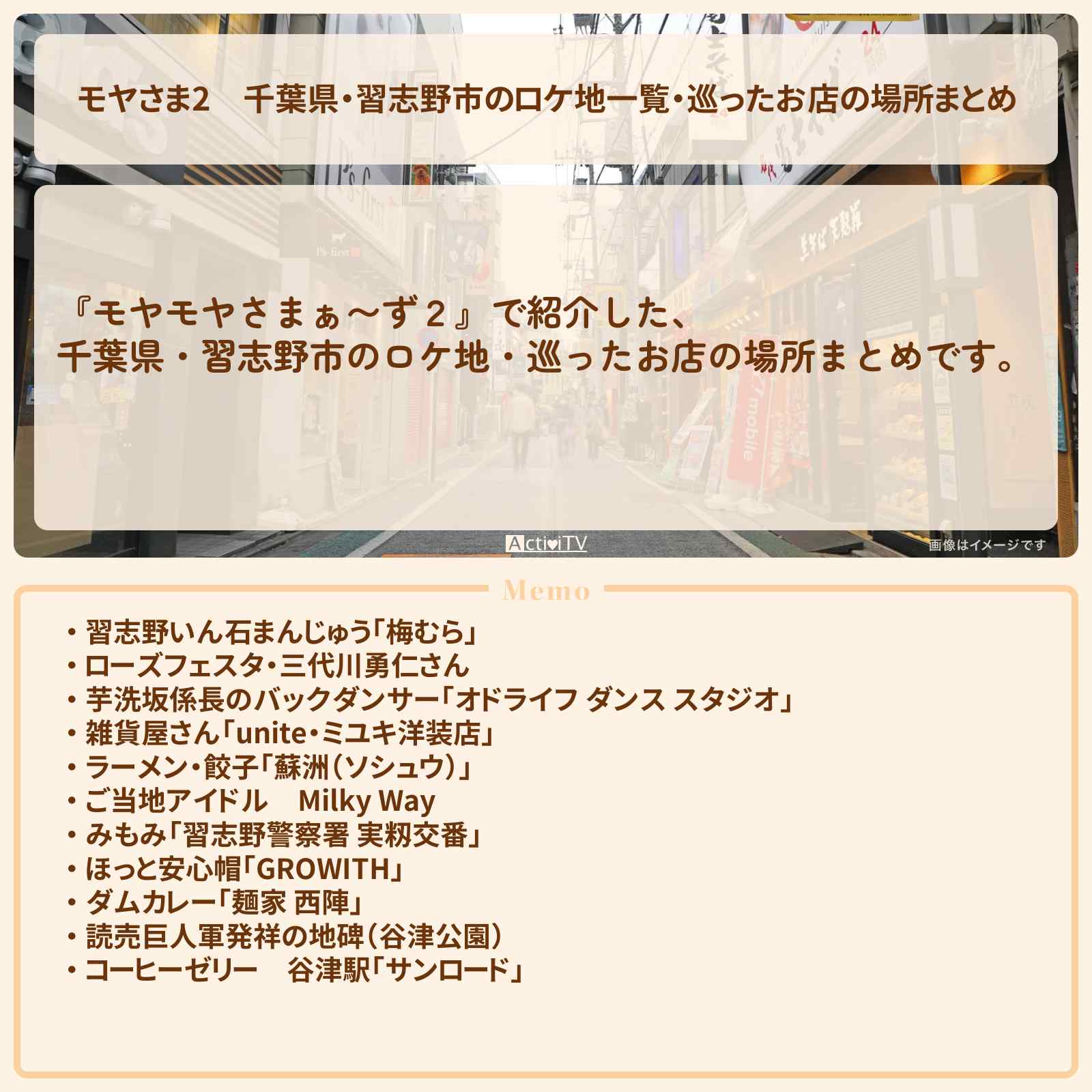 【モヤさま2】千葉県・習志野市のロケ地一覧・巡ったお店の場所まとめ〔モヤモヤさまぁ〜ず2〕