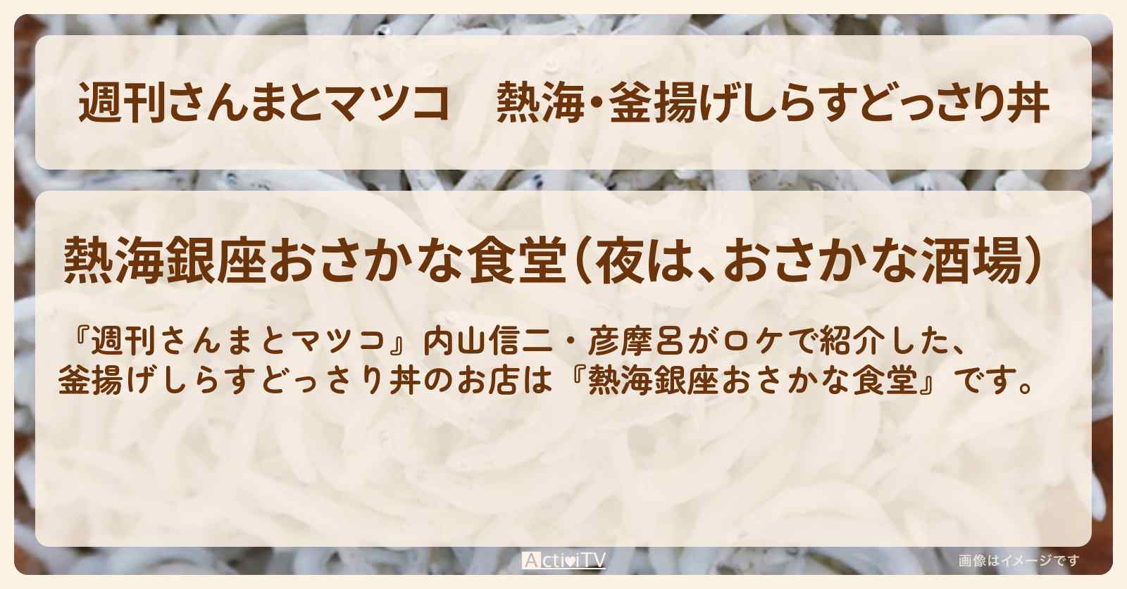 熱海・釜揚げしらすどっさり丼『熱海銀座おさかな食堂』のお店情報〔内山信二・彦摩呂〕