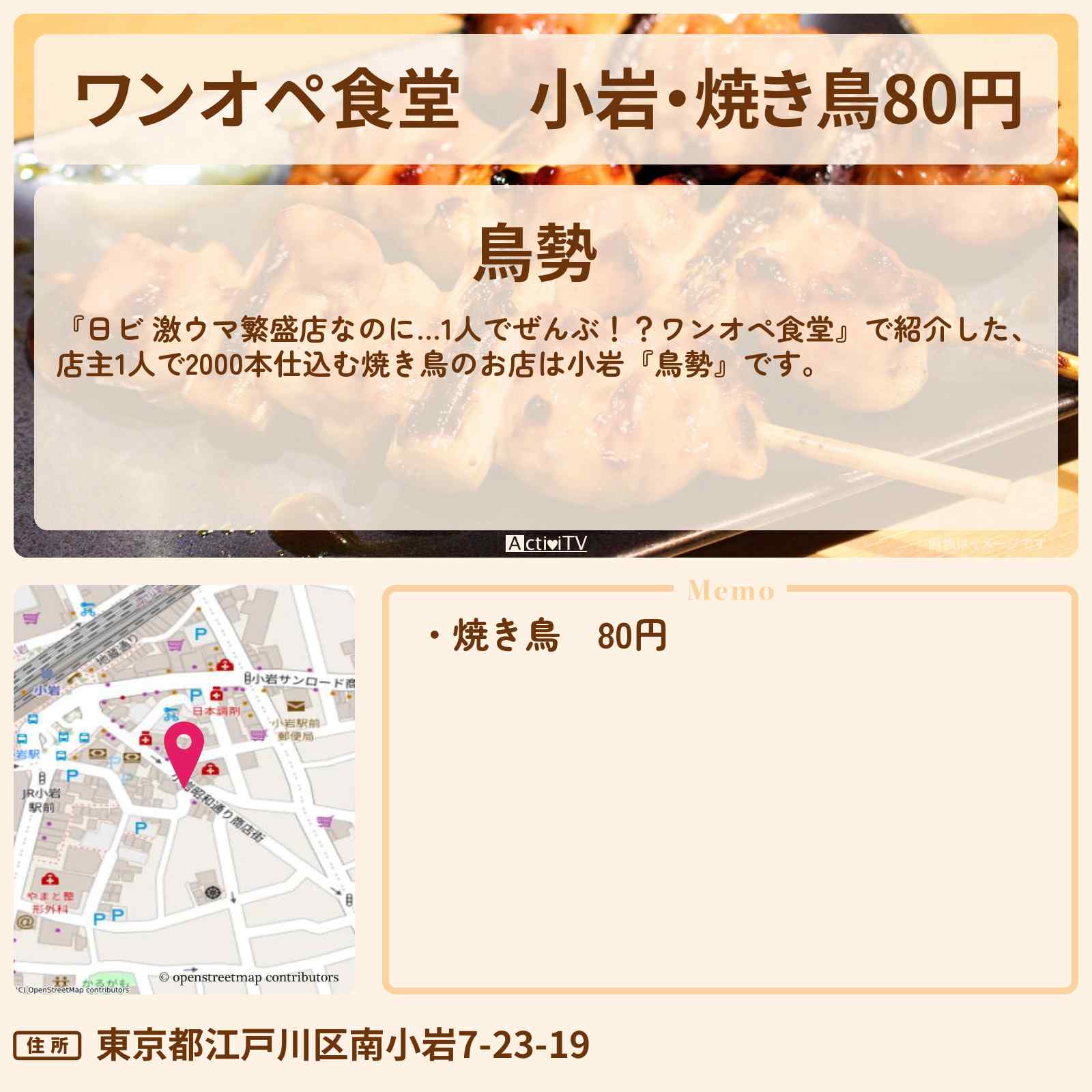 【ワンオペ食堂】小岩・焼き鳥80円『鳥勢』のお店・ロケ地を紹介