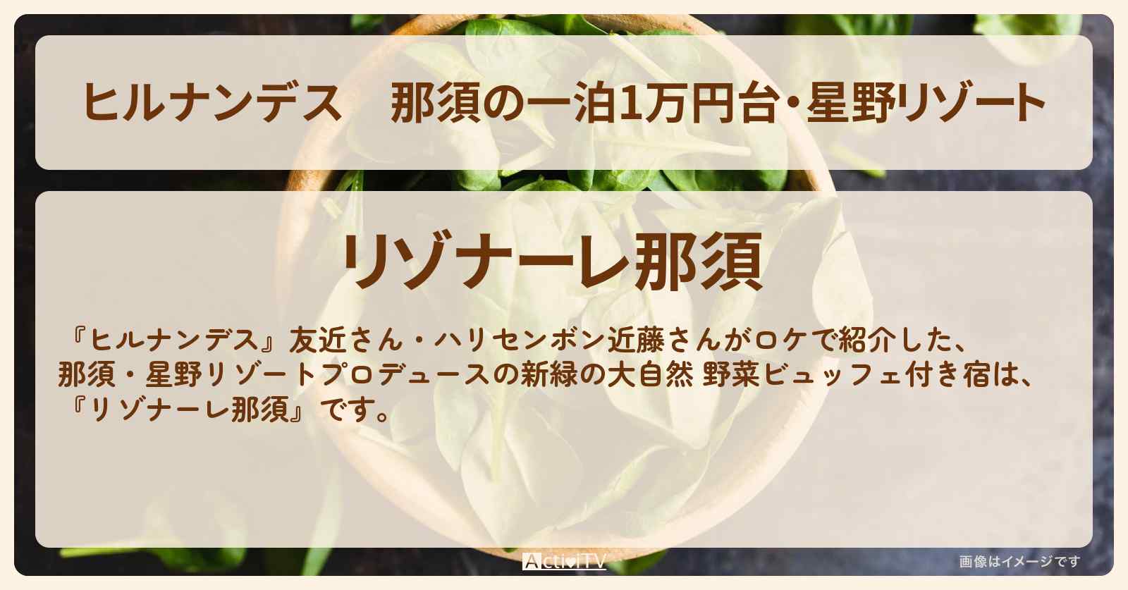 那須の一泊1万円台・星野リゾート『リゾナーレ那須』野菜食べ放題60種の朝食宿のロケ地・予約サイト情報〔友近・近藤春菜・ハリセンボン〕