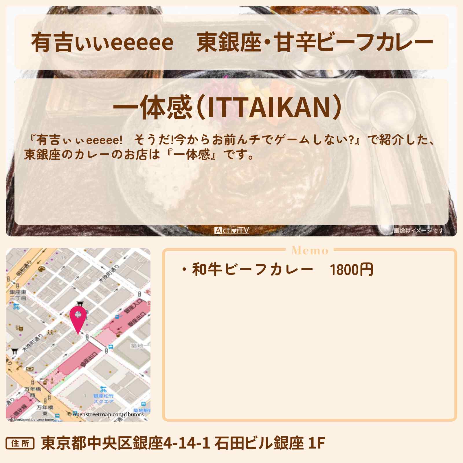 【有吉ぃぃeeeee】東銀座・甘辛ビーフカレー『一体感』ロケ地のお店〔中嶋優月・谷口愛季・櫻坂46〕