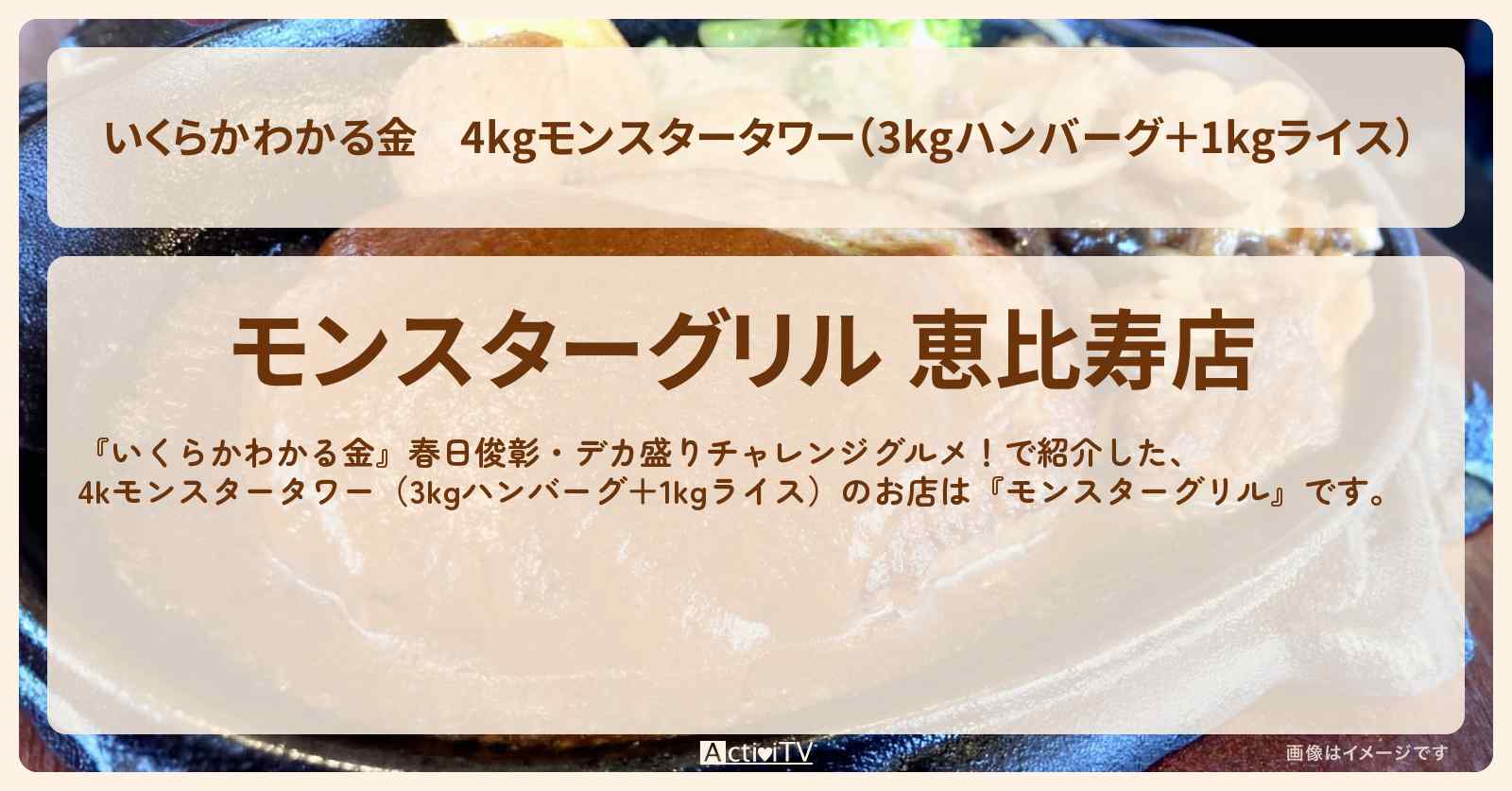 4kgモンスタータワー（3kgハンバーグ＋1kgライス）『モンスターグリル』恵比寿・ドケチ春日デカ盛りグルメのお店の場所