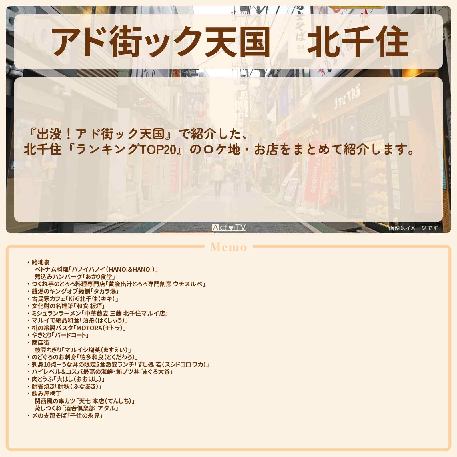【アド街ック天国】北千住『ランキングTOP20』で注目のお店まとめ