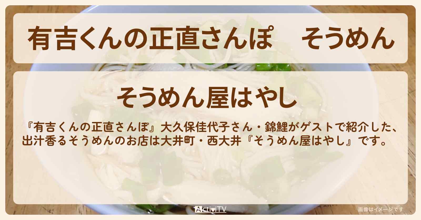 そうめん『そうめん屋はやし』大井町・西大井のお店・ロケ地を紹介〔大久保佳代子・錦鯉〕
