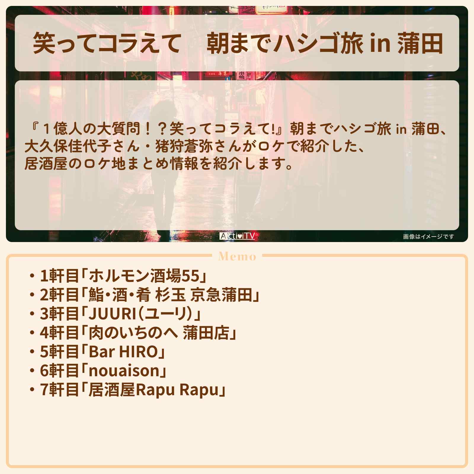 【笑ってコラえて】朝までハシゴ旅 in 蒲田 大久保佳代子・猪狩蒼弥がロケをした居酒屋のロケ地まとめ