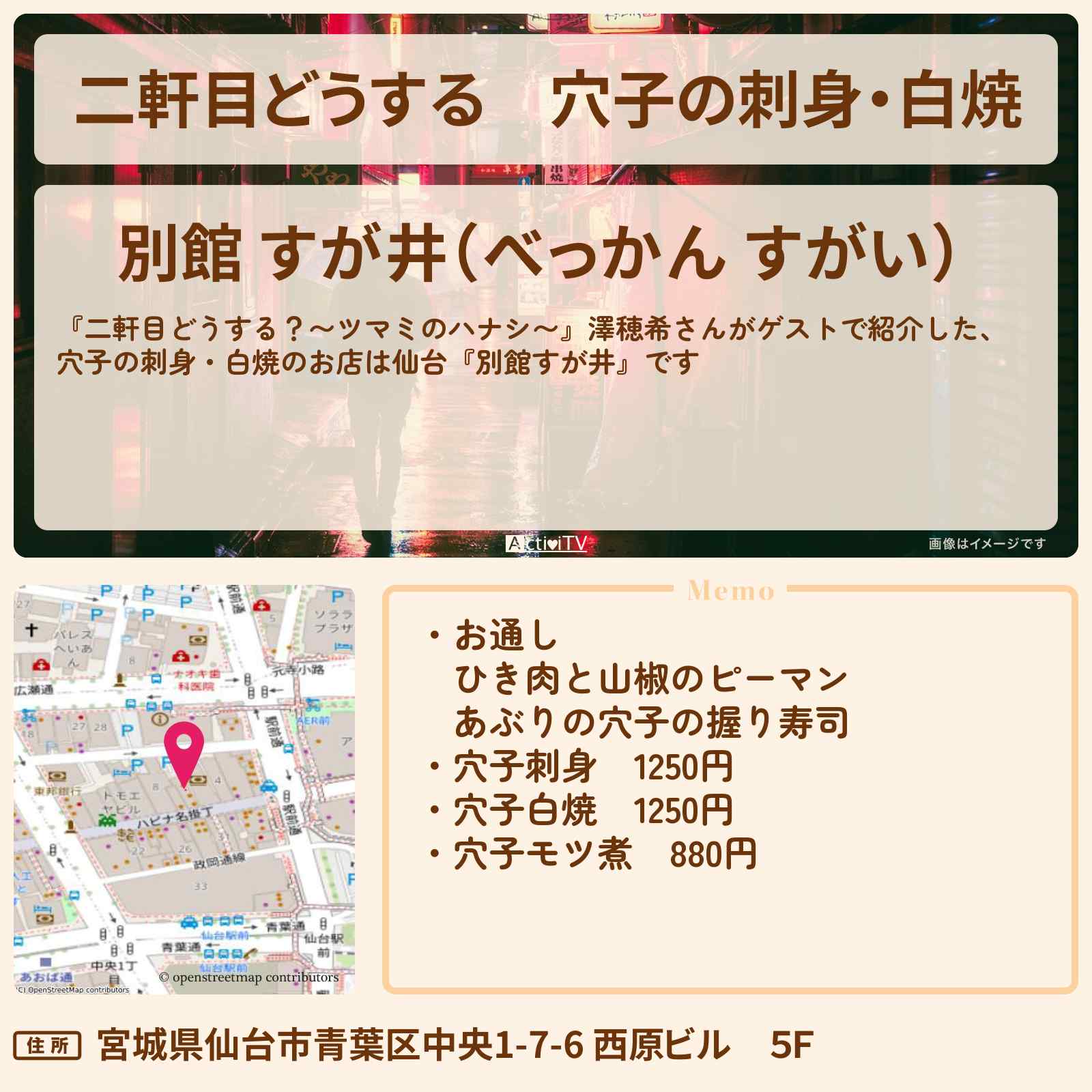 【二軒目どうする】穴子の刺身・白焼 澤穂希『別館すが井』仙台のお店の場所〔ツマミのハナシ〕