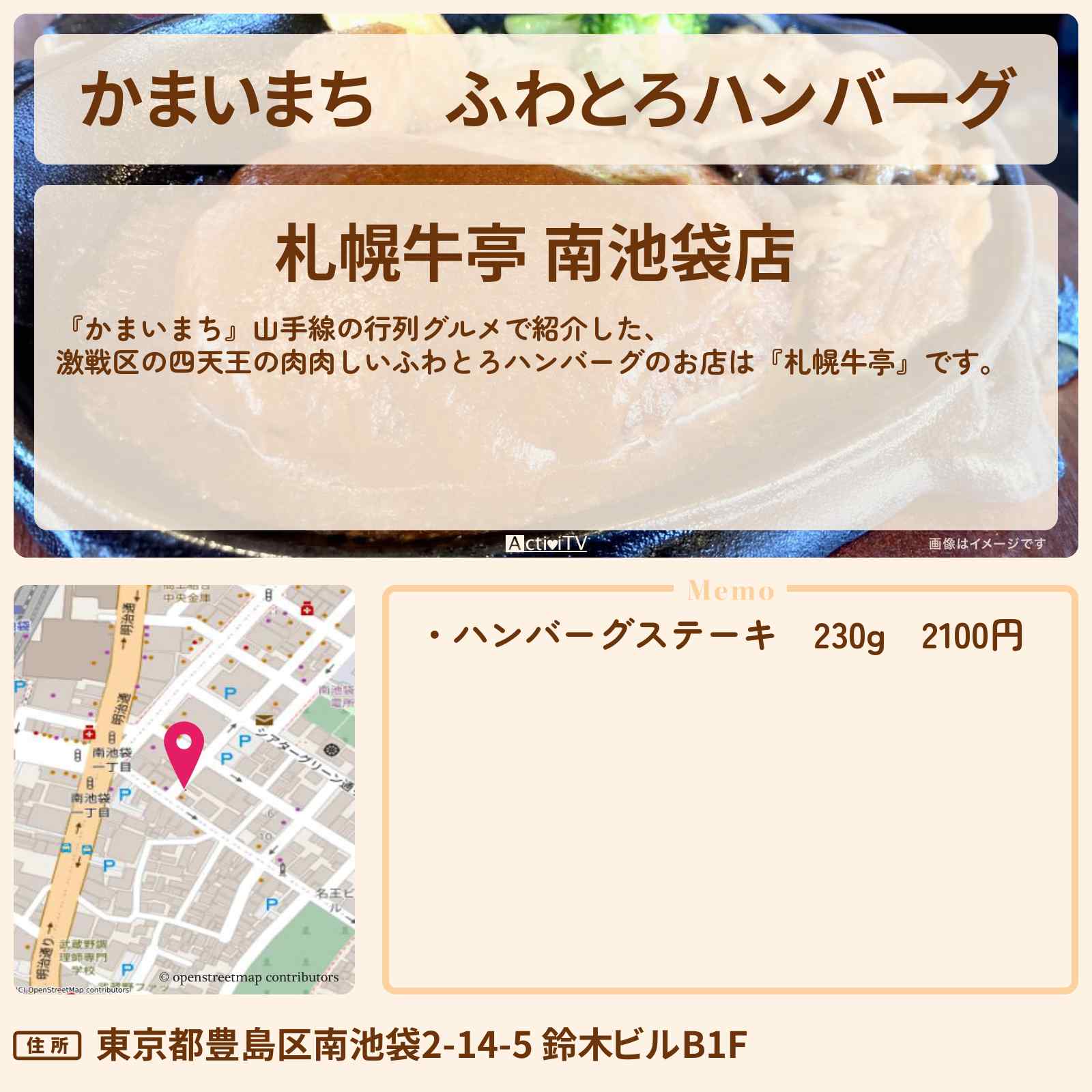 【かまいまち】ふわとろハンバーグ『札幌牛亭』池袋の新四天王・山手線の行列グルメのお店の場所