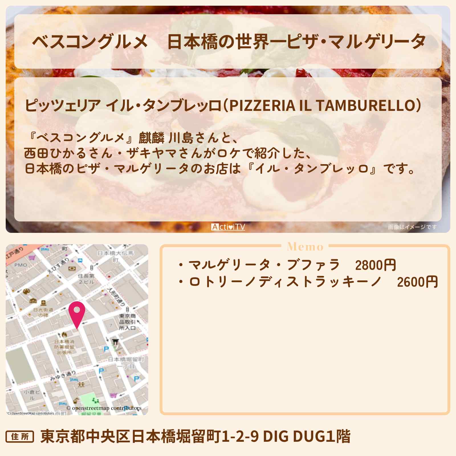 【ベスコングルメ】日本橋の世界一ピザ・マルゲリータ『イル・タンブレッロ』のロケ地・お店〔西田ひかる・ザキヤマ〕