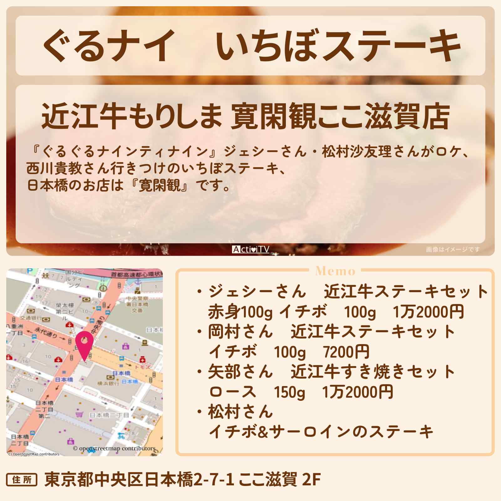 【ぐるナイ】いちぼステーキ 西川貴教『寛閑観』日本橋のお店情報 〔カーナビドライブ・ぐるぐるナインティナイン〕