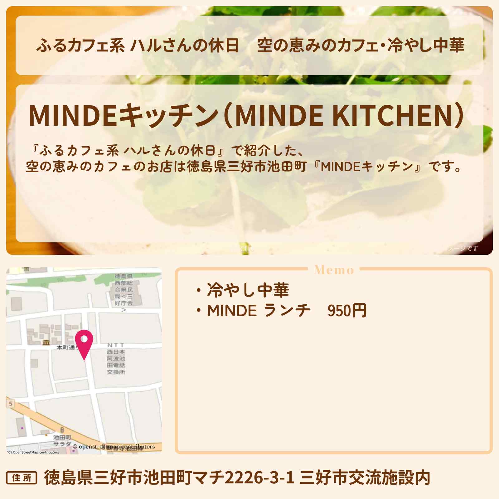 【ふるカフェ系 ハルさんの休日】空の恵みのカフェ・冷やし中華『MINDEキッチン』徳島県三好市池田町のお店の場所