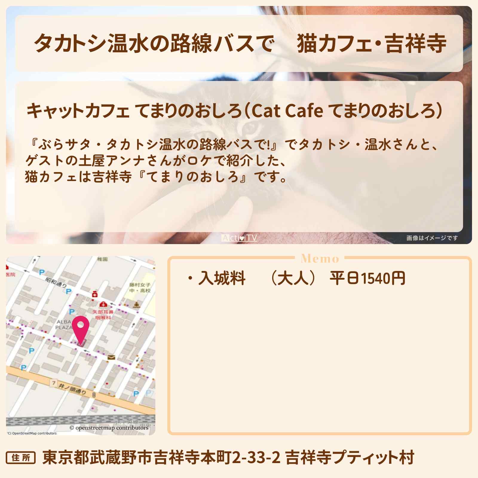 【タカトシ温水の路線バスで】猫カフェ・吉祥寺『てまりのおしろ』のお店の場所〔土屋アンナ〕