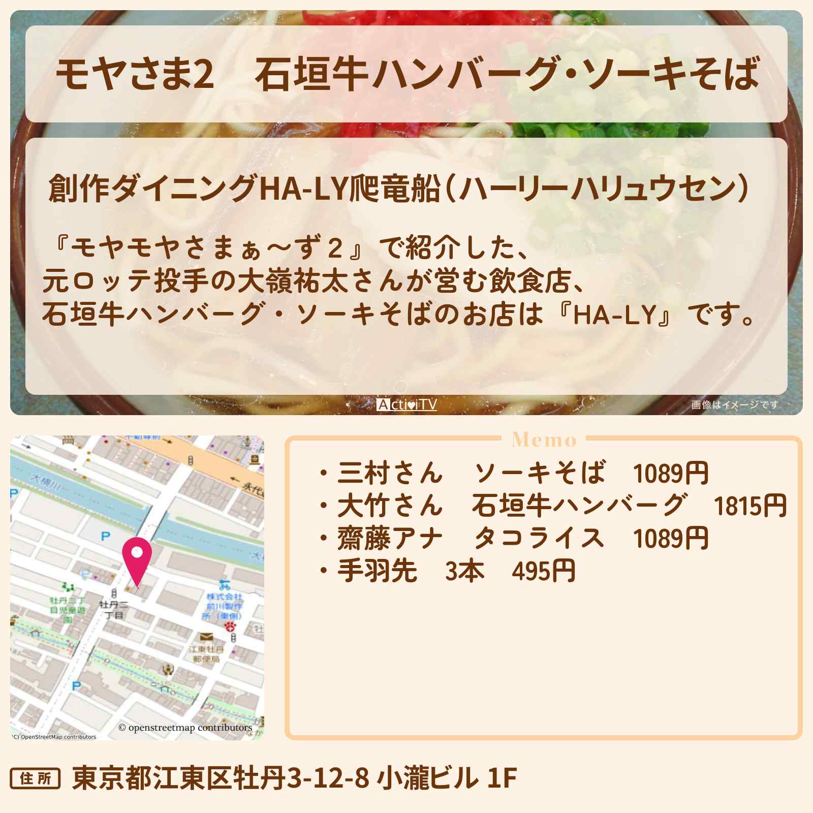 【モヤさま2】石垣牛ハンバーグ・ソーキそば『HA-LY』清澄白河のお店・ロケ地〔モヤモヤさまぁ〜ず2〕