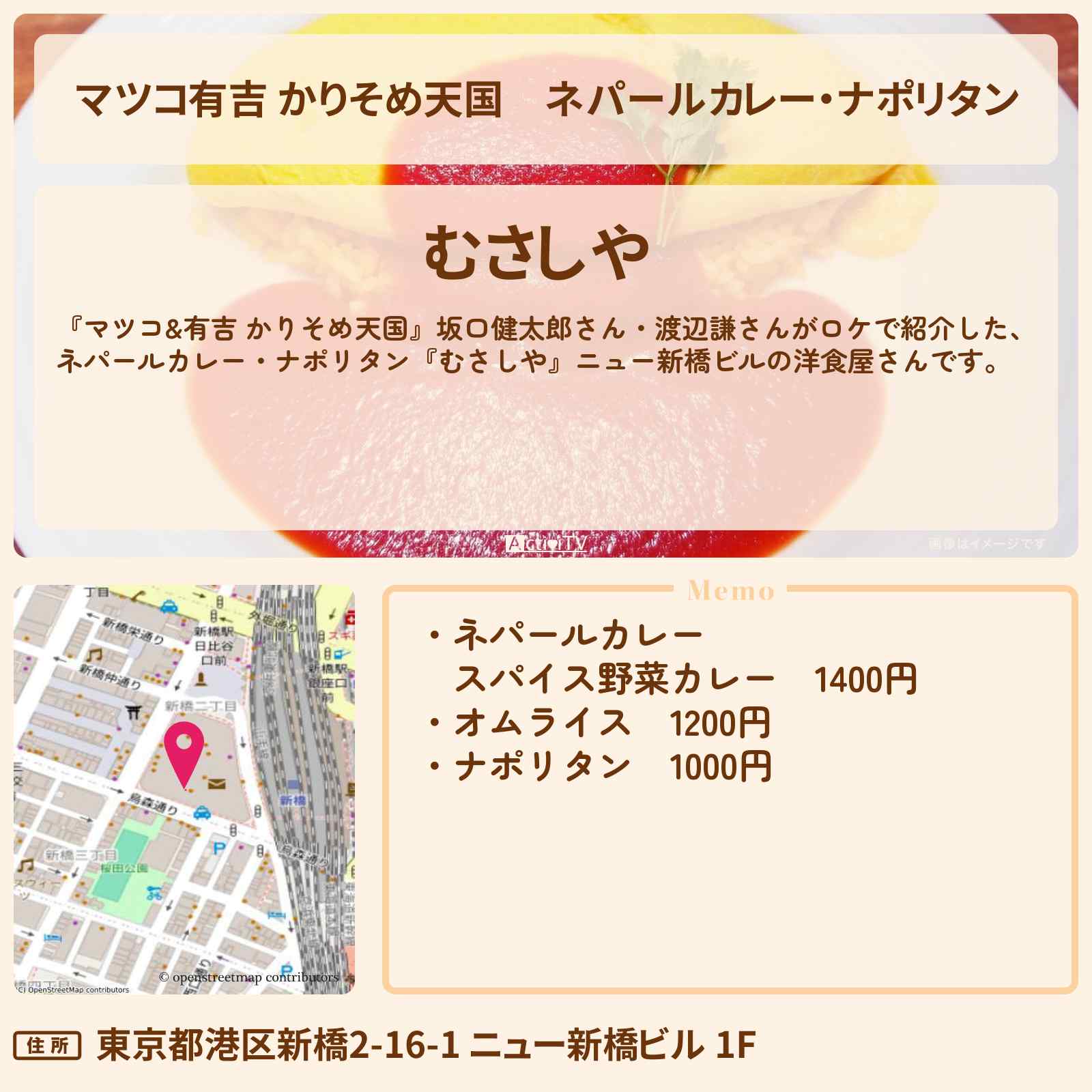 【マツコ有吉 かりそめ天国】ネパールカレー・ナポリタン『むさしや』ニュー新橋ビルの洋食屋さん〔坂口健太郎・渡辺謙〕