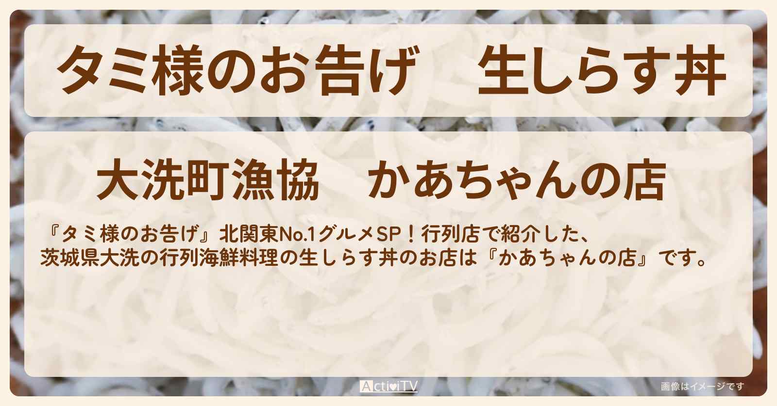 【タミ様のお告げ】生しらす丼『かあちゃんの店』茨城県大洗の行列海鮮料理のお店情報