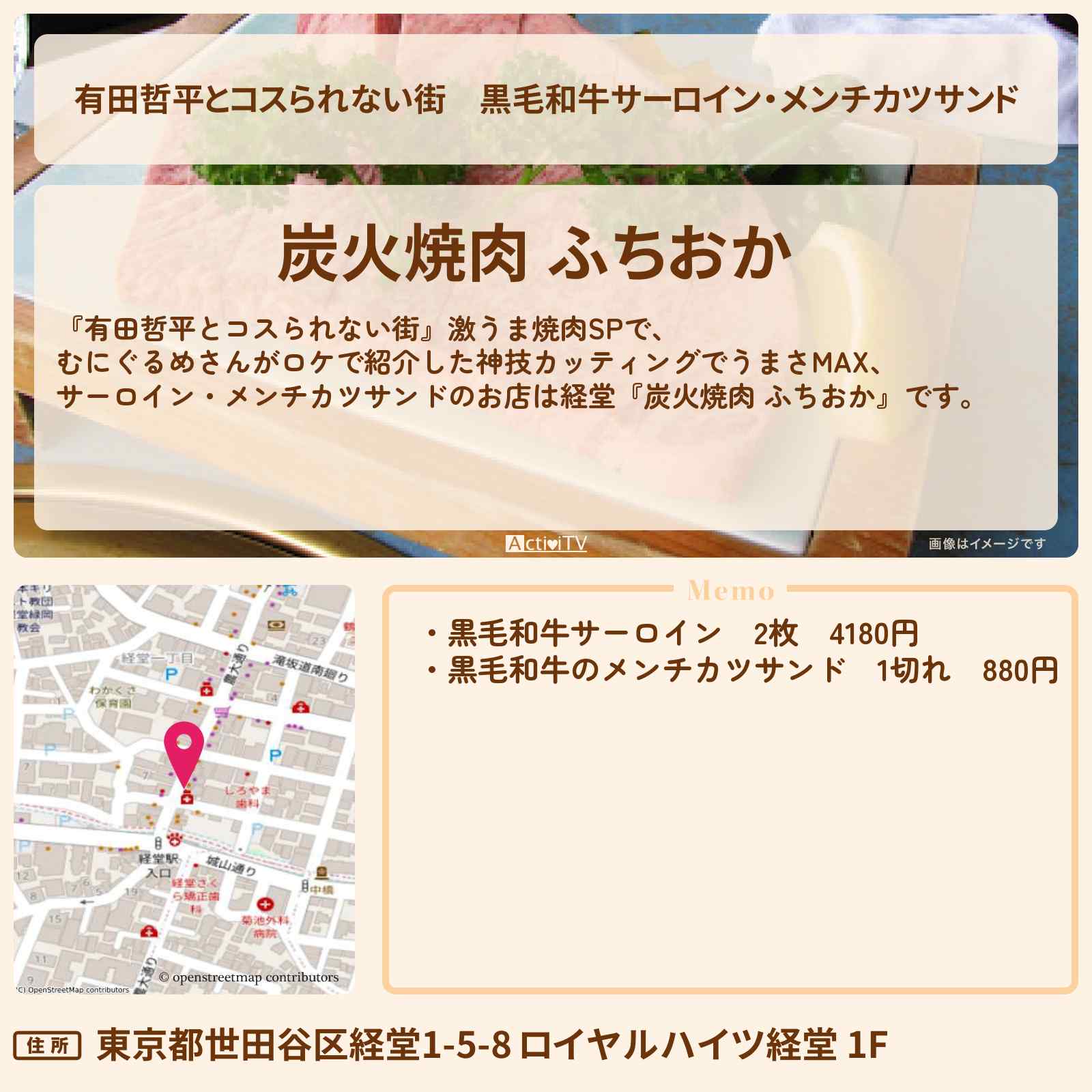 【有田哲平とコスられない街】黒毛和牛サーロイン・メンチカツサンド『ふちおか』経堂のお店の情報〔むにぐるめ・とにかく明るい安村〕
