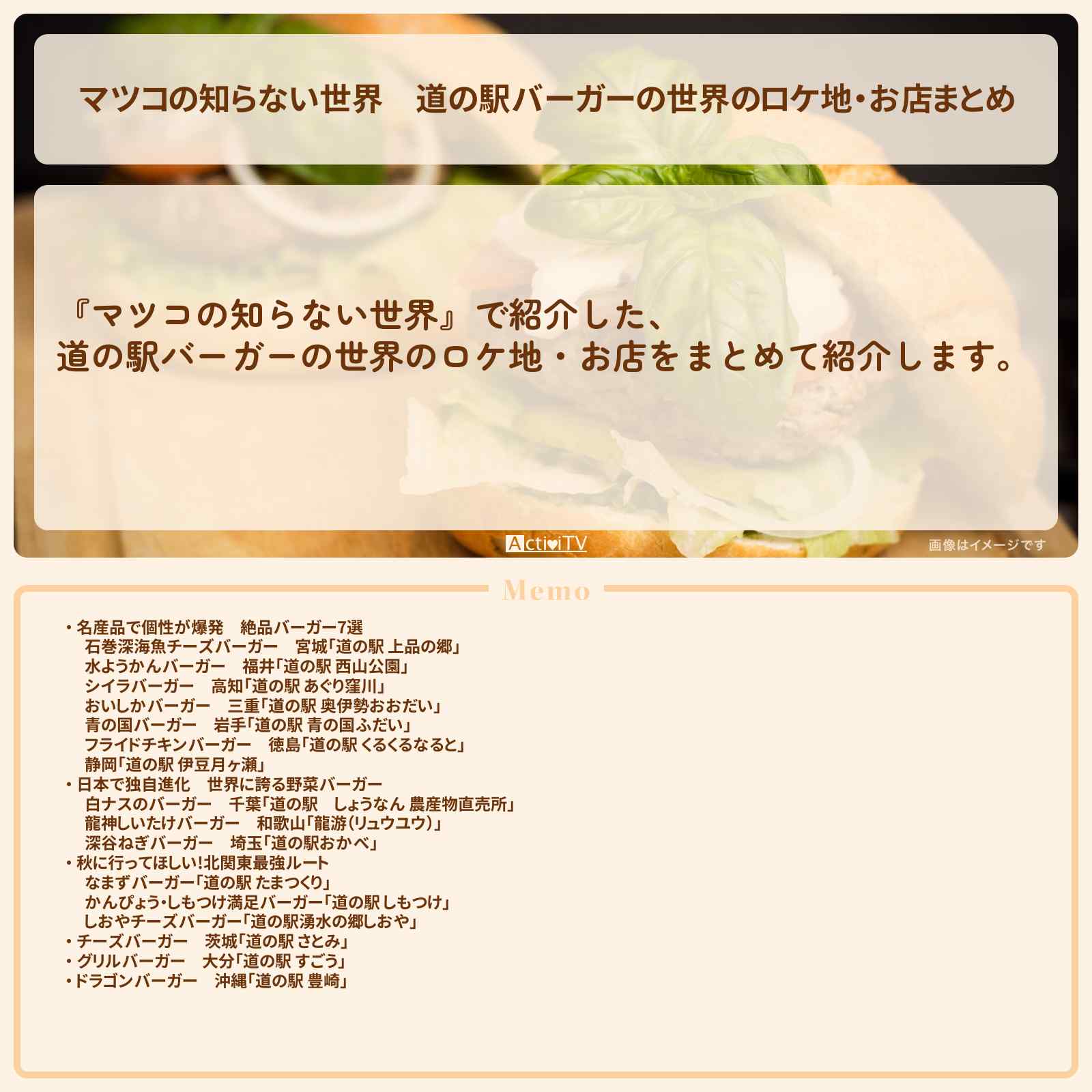 【マツコの知らない世界】道の駅バーガーの世界のロケ地・お店まとめ〔ご当地ハンバガー〕