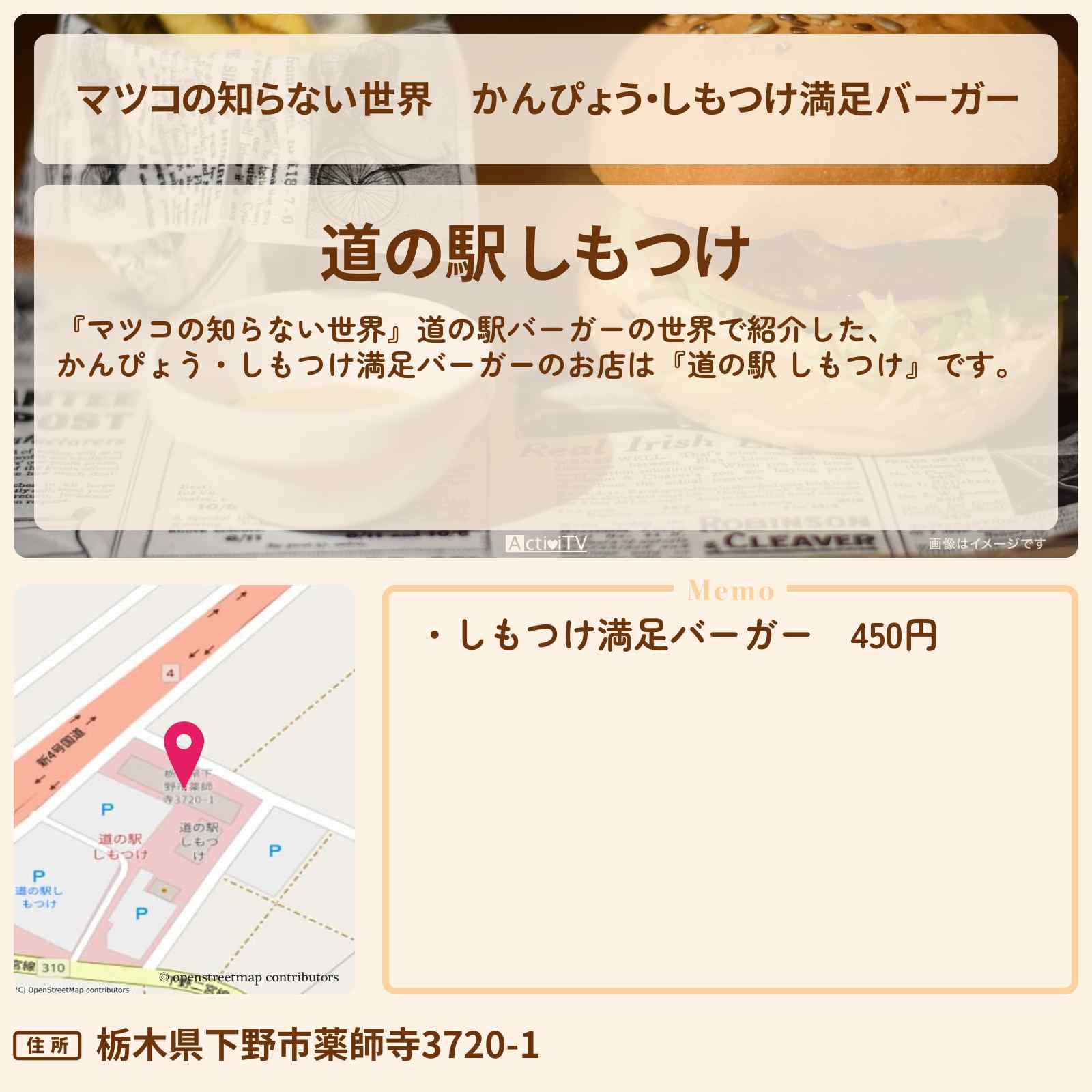 【マツコの知らない世界】かんぴょう・しもつけ満足バーガー『道の駅 しもつけ』道の駅ハンバーガーのお店情報