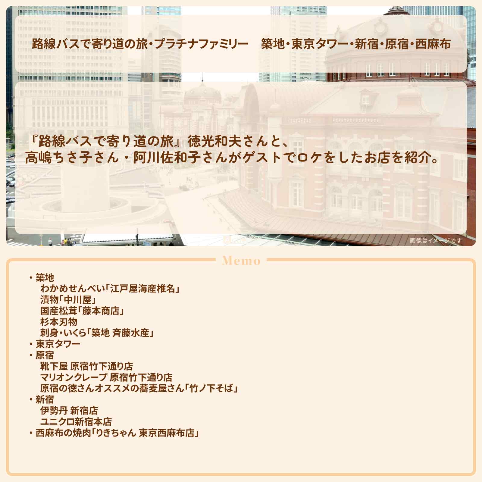 【路線バスで寄り道の旅・プラチナファミリー】『築地・東京タワー・新宿・原宿・西麻布』のロケ地まとめのお店の場所〔徳光和夫・高嶋ちさ子・阿川佐和子〕