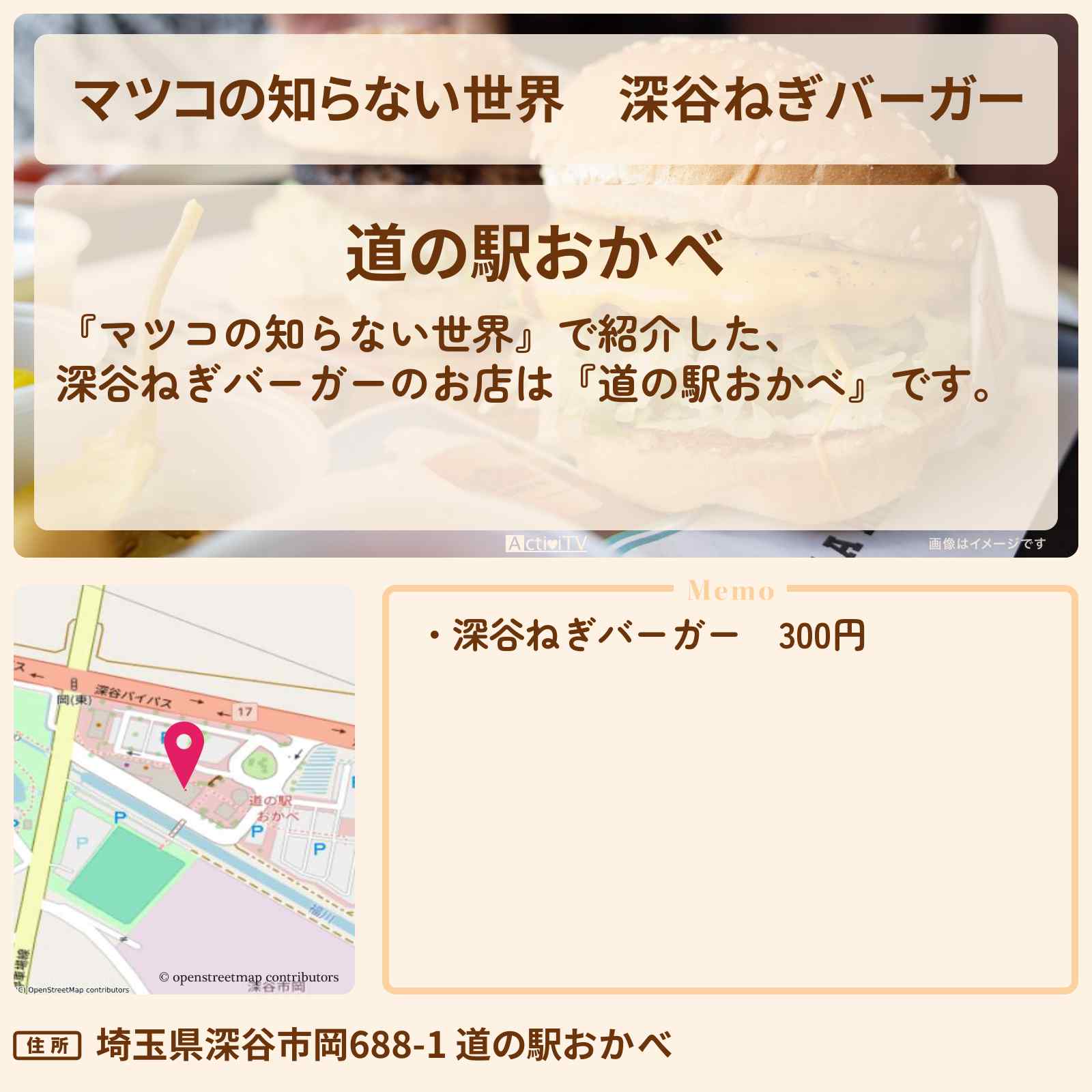 【マツコの知らない世界】深谷ねぎバーガー『道の駅おかべ』道の駅ハンバーガーのお店情報