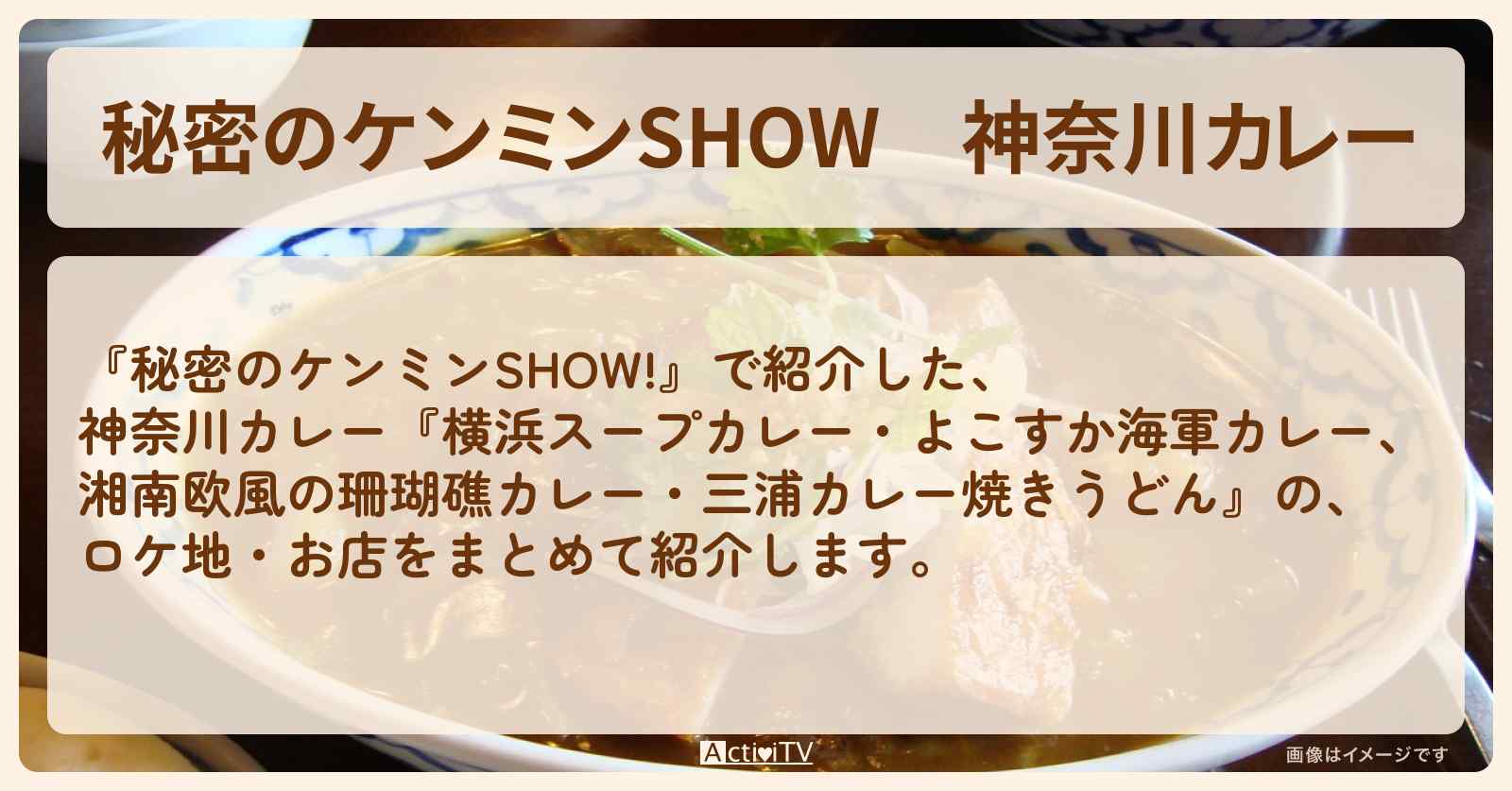 神奈川カレー『横浜スープカレー・よこすか海軍カレー・湘南欧風の珊瑚礁カレー・三浦カレー焼きうどん』のお店まとめ〔ケンミンショー〕