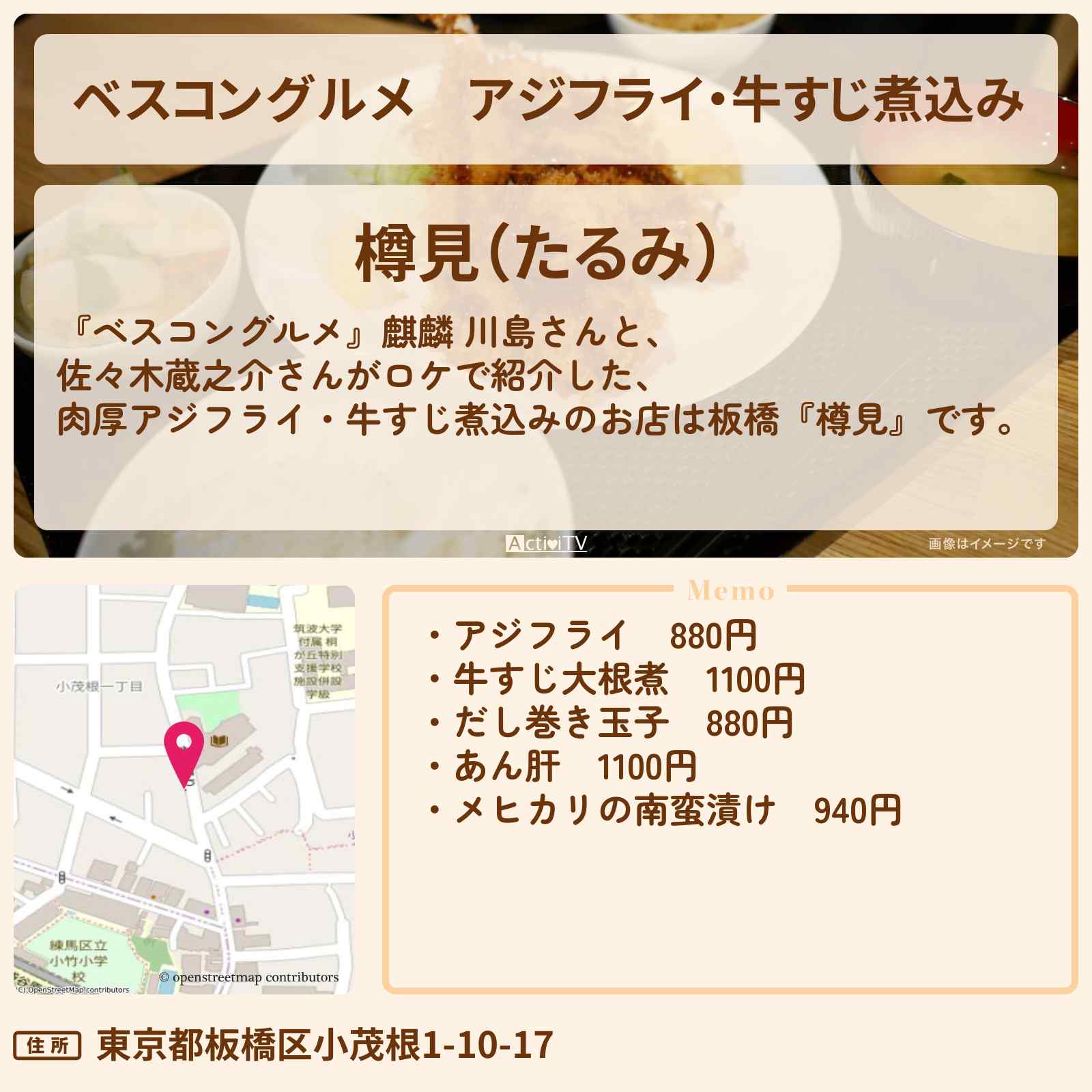 【ベスコングルメ】アジフライ・牛すじ煮込み『樽見』板橋のロケ地・お店〔佐々木蔵之介〕