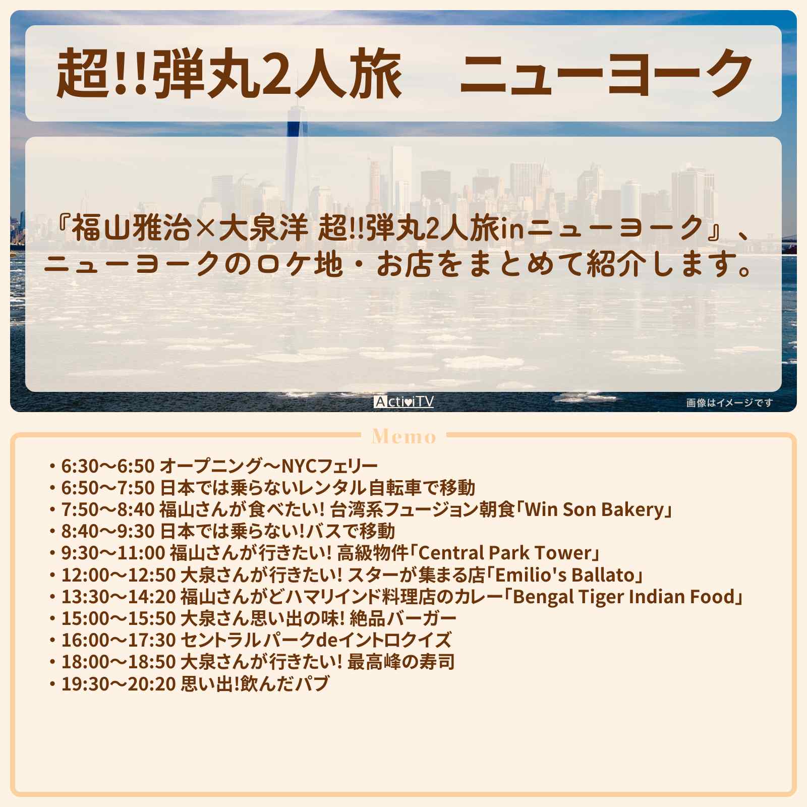 【超!!弾丸2人旅】ニューヨーク『福山雅治・大泉洋』のロケ地・お店まとめ