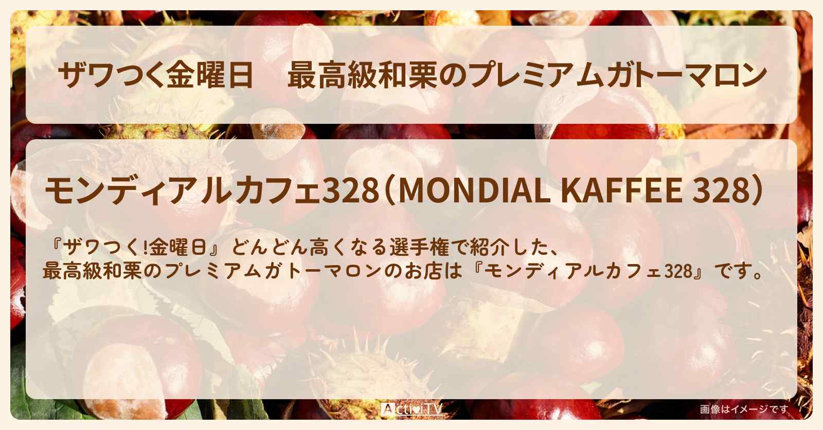 【ザワつく金曜日】最高級和栗のプレミアムガトーマロン『モンディアルカフェ328』大阪のお店の場所