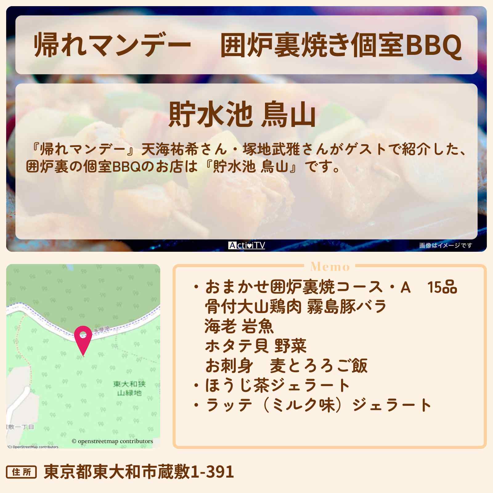 【帰れマンデー】囲炉裏焼き個室BBQ『貯水池 鳥山』狭山丘陵ロケのお店の場所〔天海祐希・塚地武雅〕