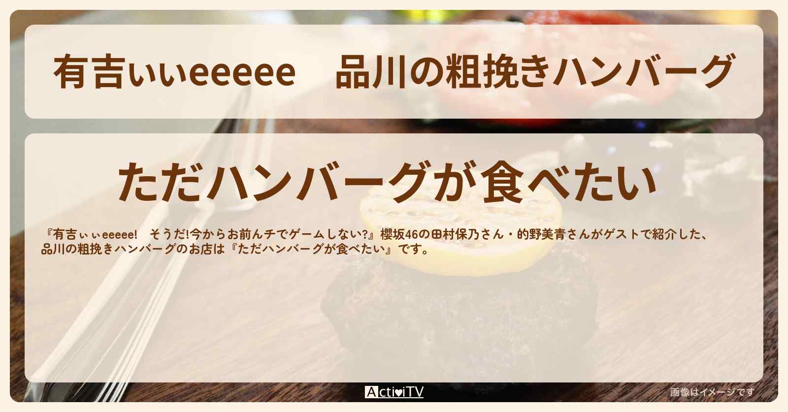【有吉ぃぃeeeee】品川の粗挽きハンバーグ『ただハンバーグが食べたい』ロケ地のお店〔田村保乃・的野美青・櫻坂46〕