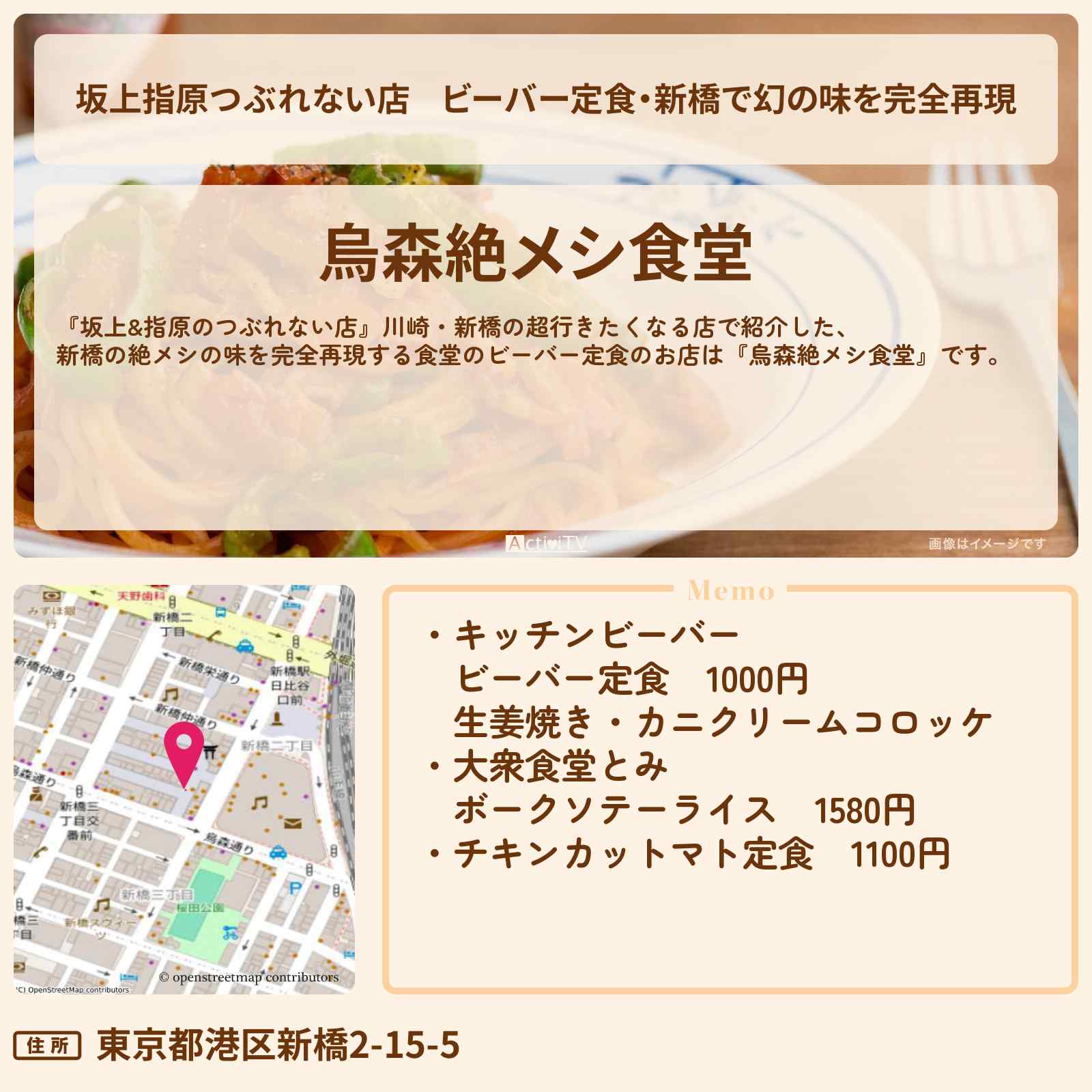 【坂上指原つぶれない店】ビーバー定食・新橋で幻の味を完全再現『烏森絶メシ食堂』のお店の場所