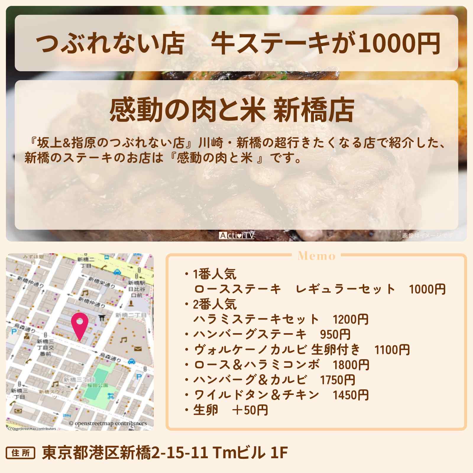 【つぶれない店】牛ステーキが1000円『感動の肉と米 』新橋のコスパ最強のお店の場所