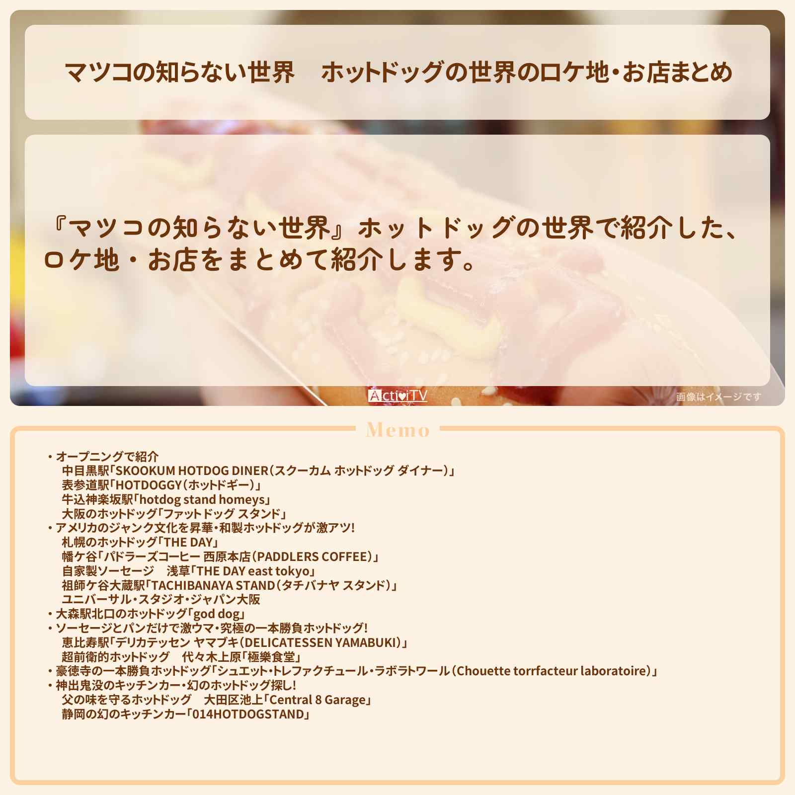 【マツコの知らない世界】ホットドッグの世界のロケ地・お店まとめ