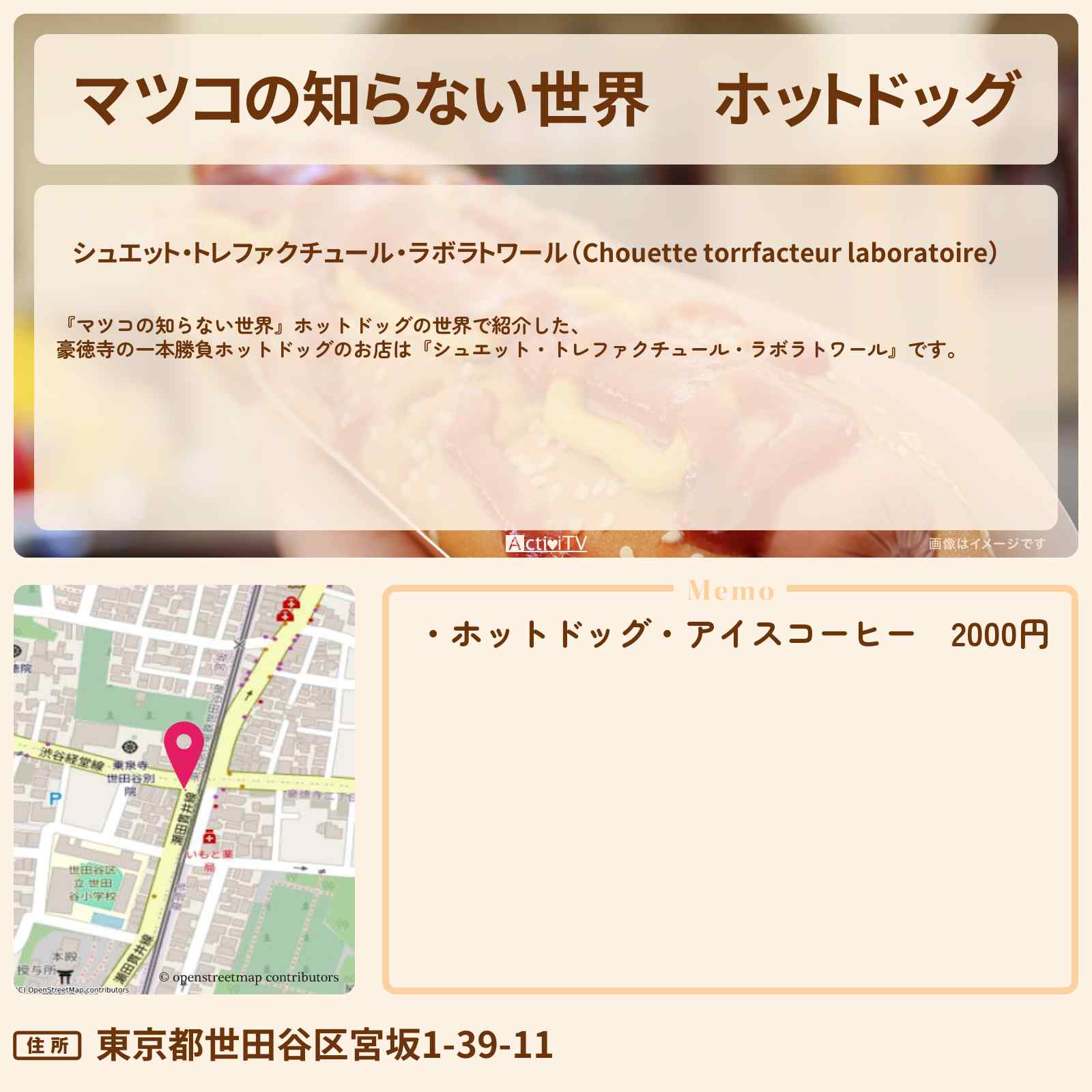 【マツコの知らない世界】ホットドッグ『シュエット・トレファクチュール・ラボラトワール』豪徳寺の一本勝負のお店情報