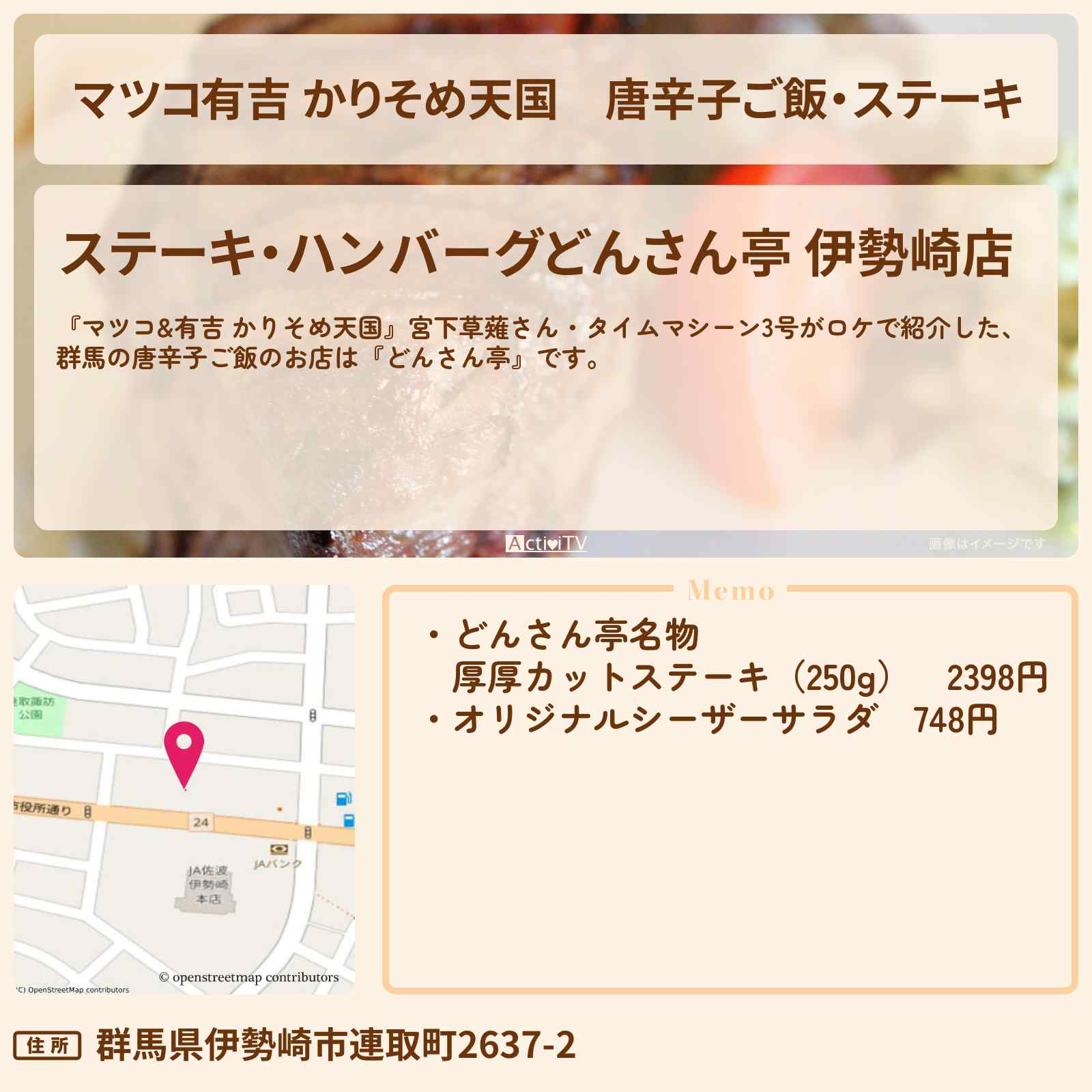 【マツコ有吉 かりそめ天国】唐辛子ご飯・ステーキ『どんさん亭』のお店の場所〔宮下草薙・タイムマシーン3号〕