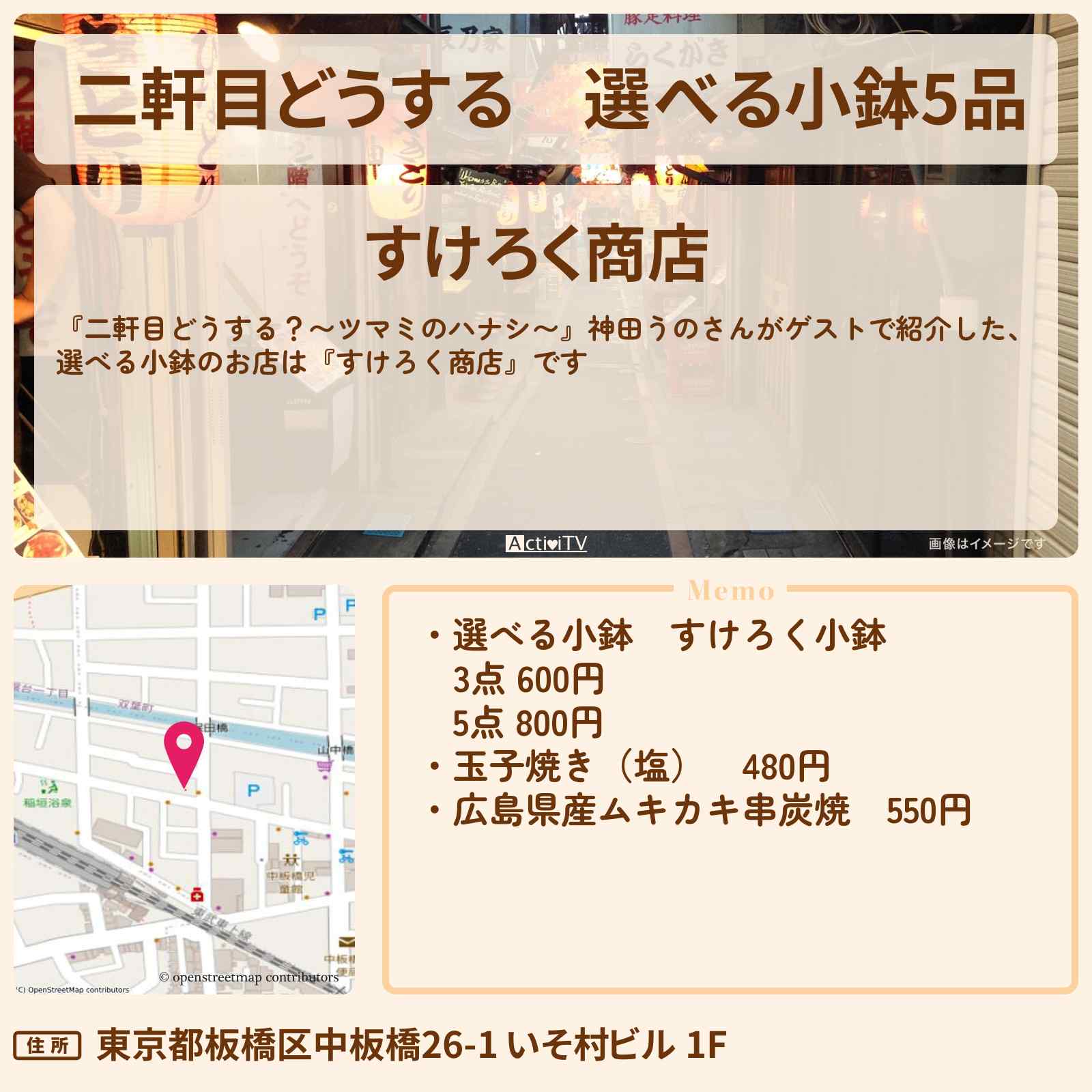 【二軒目どうする】選べる小鉢5品『すけろく商店』板橋区中板橋のお店の場所〔神田うの・ツマミのハナシ〕