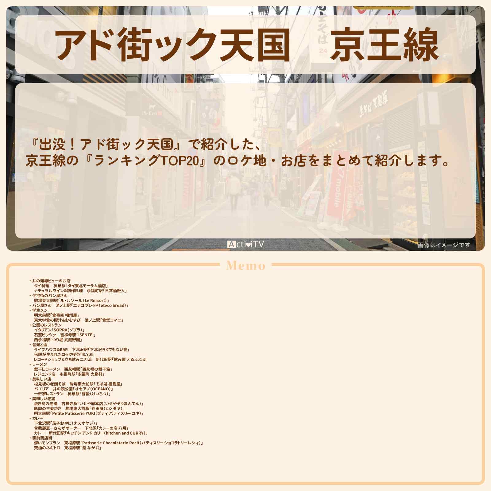 【アド街ック天国】京王線『ランキングTOP20』で注目のお店まとめ