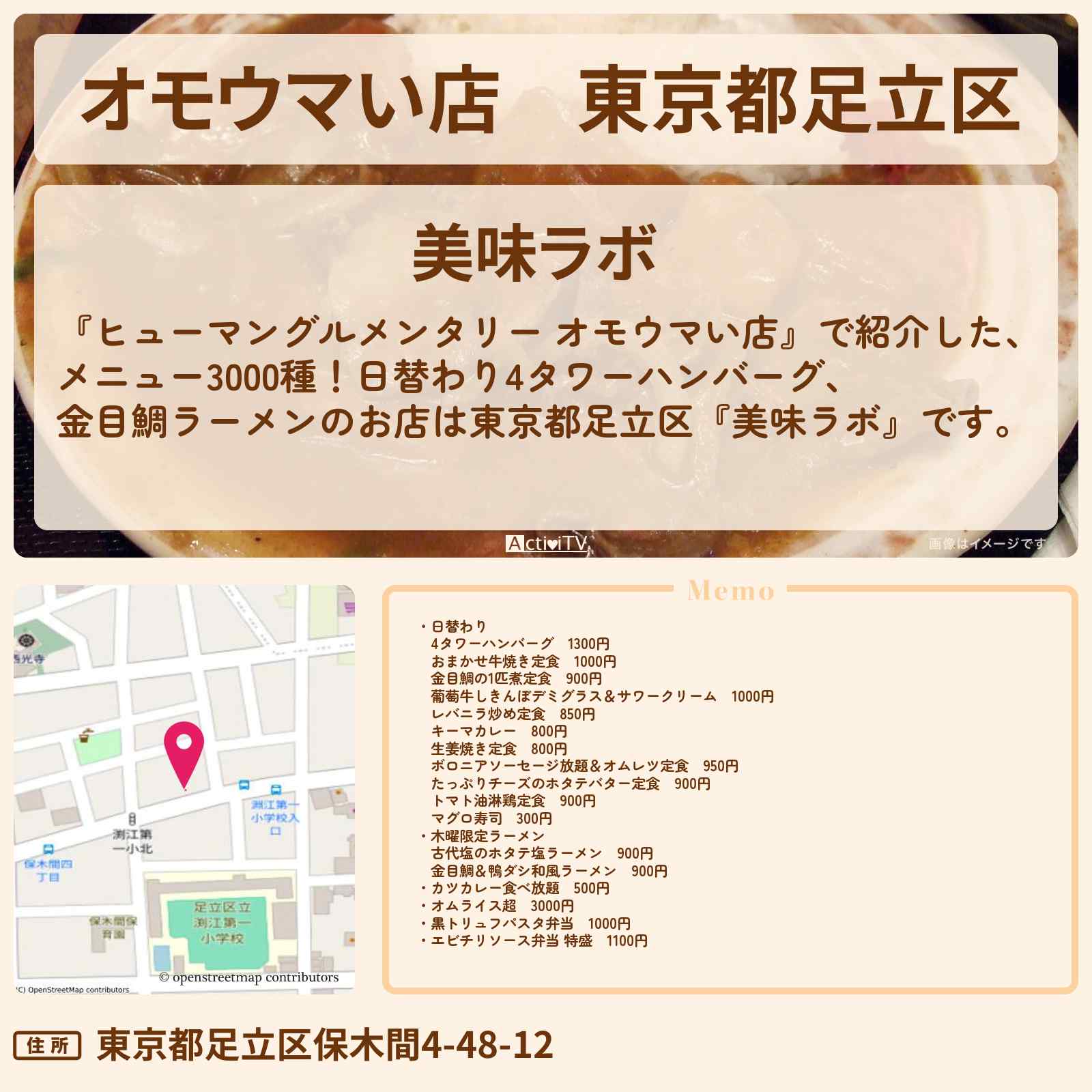 【オモウマい店】東京都足立区『美味ラボ』日替わり!4タワーハンバーグ定食・金目鯛ラーメンのお店の場所