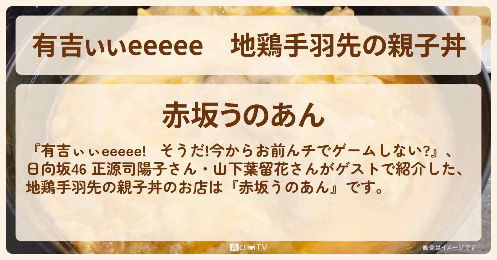 【有吉ぃぃeeeee】地鶏手羽先の親子丼『赤坂うのあん』のロケ地のお店〔正源司陽子・山下葉留花・日向坂46〕