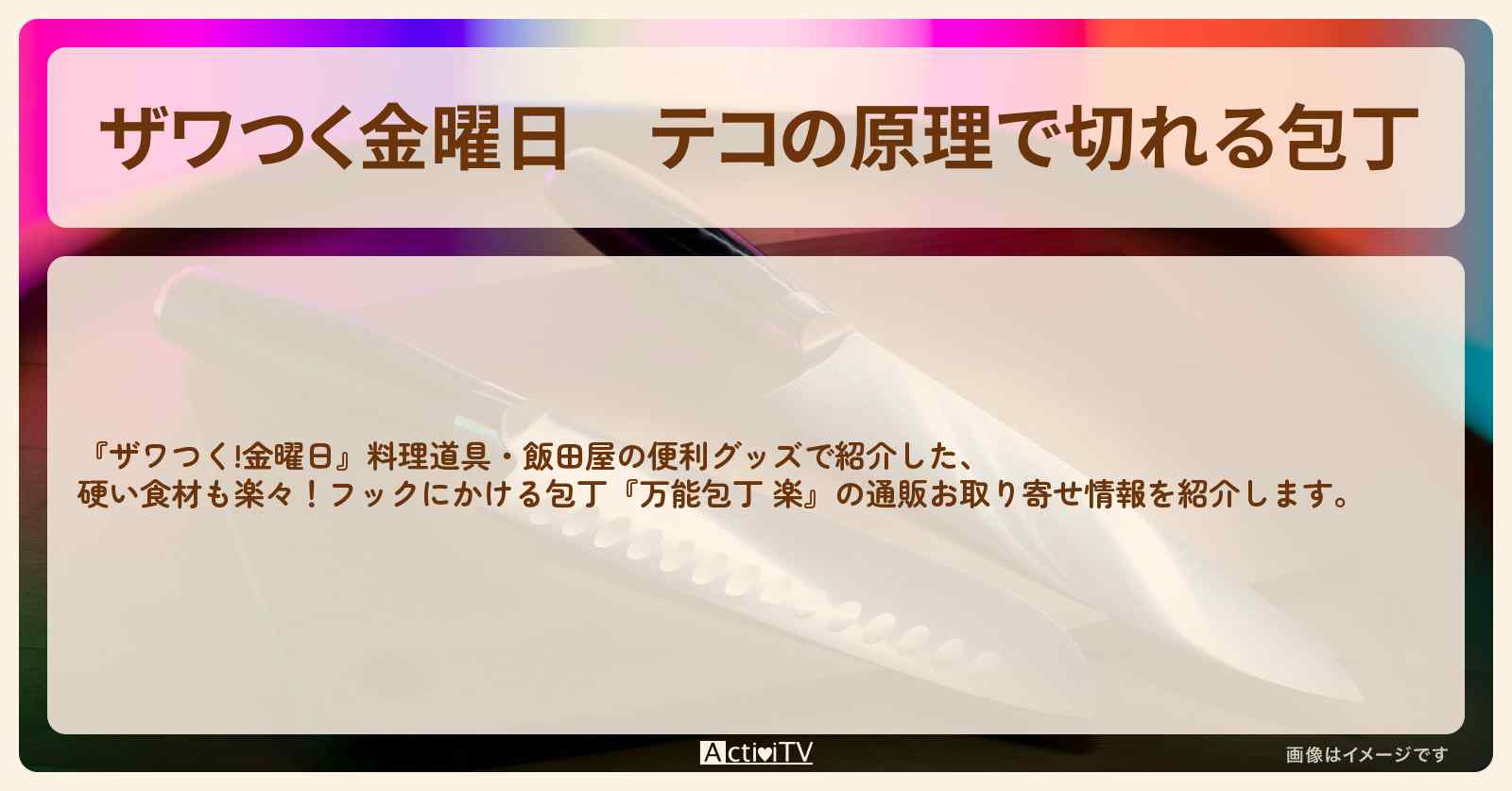 【ザワつく金曜日】テコの原理で切れる包丁『万能包丁 楽』合羽橋 飯田屋が紹介した料理道具の通販お取り寄せ情報