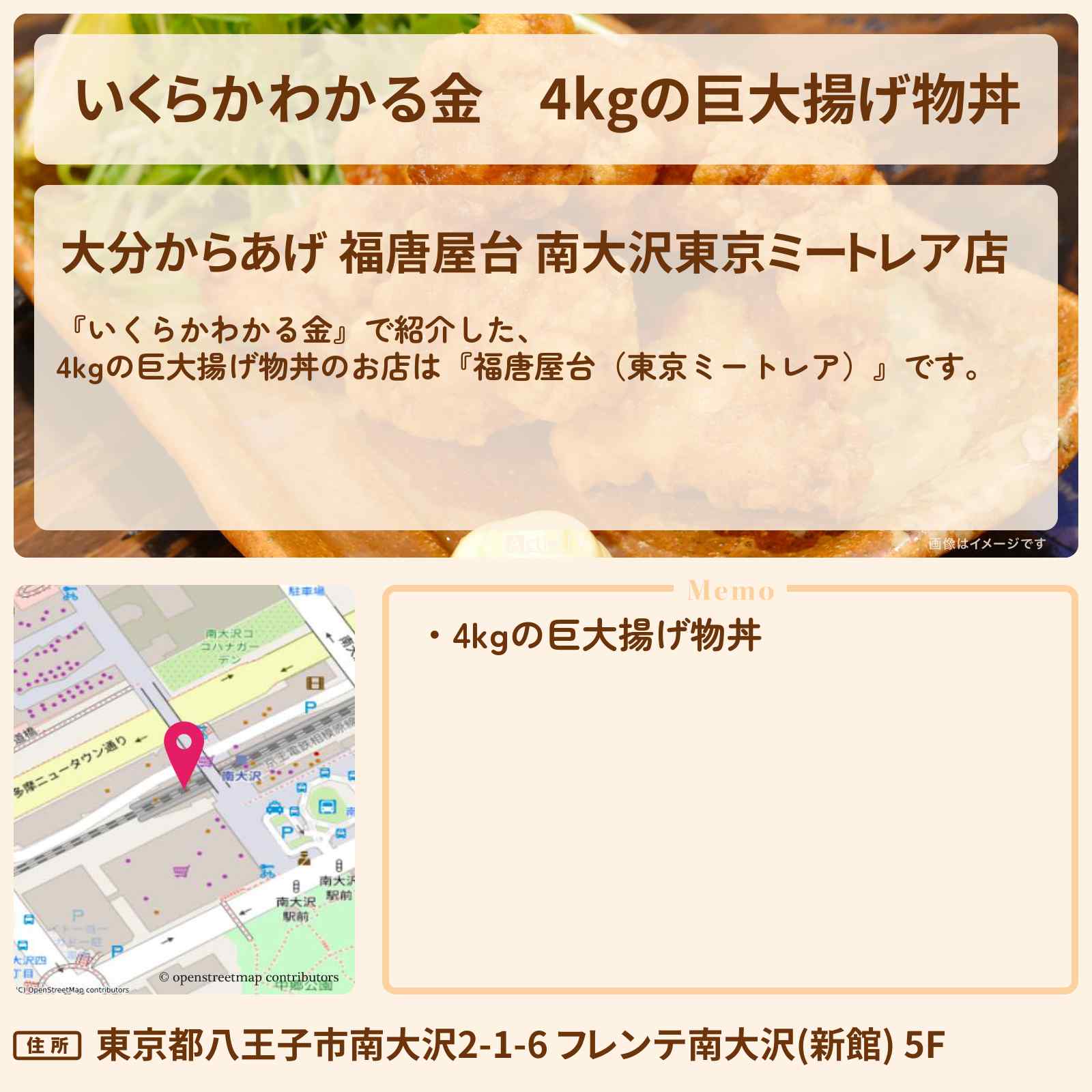 【いくらかわかる金】4kgの巨大揚げ物丼『福唐屋台(東京ミートレア)』ドケチ春日デカ盛りグルメのお店の場所