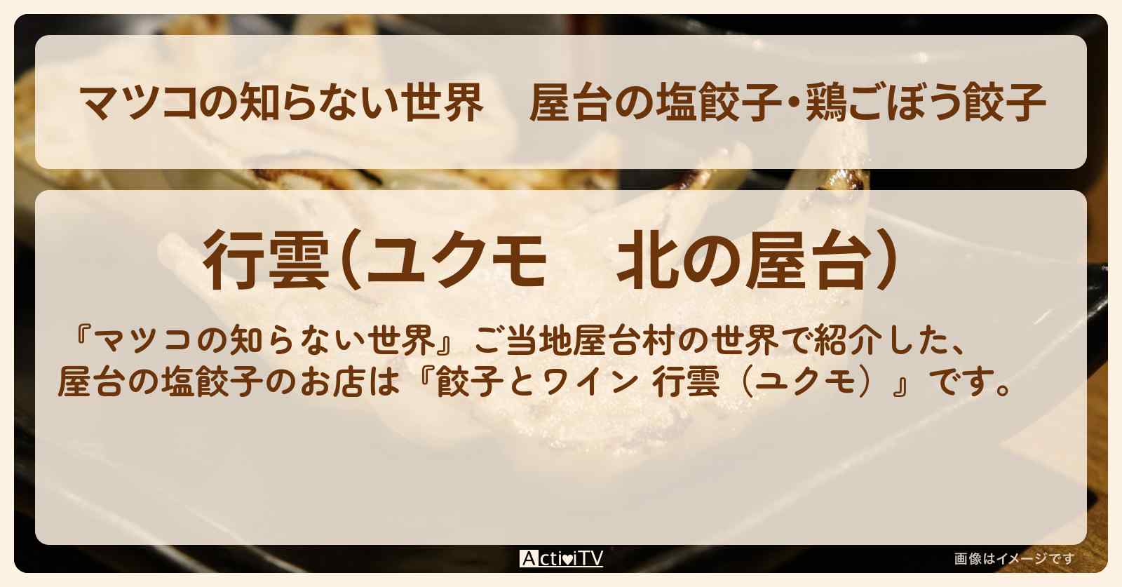 屋台の塩餃子・鶏ごぼう餃子『餃子とワイン 行雲（ユクモ）』北海道・帯広ご当地屋台村のお店情報