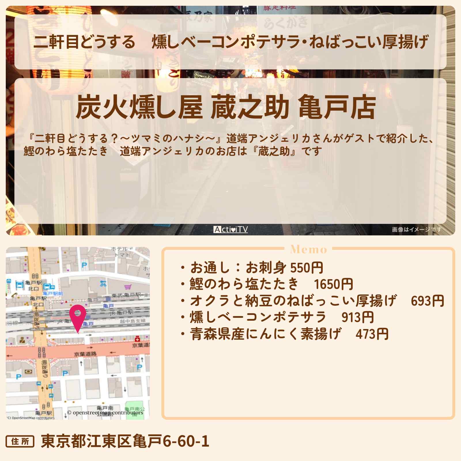 【二軒目どうする】燻しベーコンポテサラ・ねばっこい厚揚げ 道端アンジェリカ『蔵之助』亀戸のお店の場所〔ツマミのハナシ〕