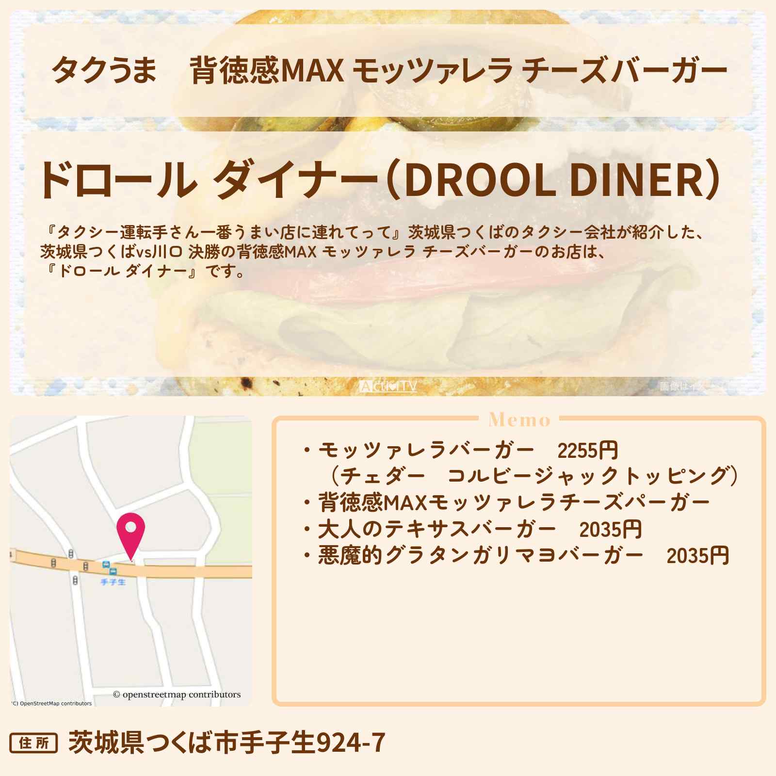 【タクうま】背徳感MAX モッツァレラ チーズバーガー『ドロール ダイナー』茨城県つくばvs川口 決勝のお店の場所〔タクシー運転手さん一番うまい店に連れてって〕