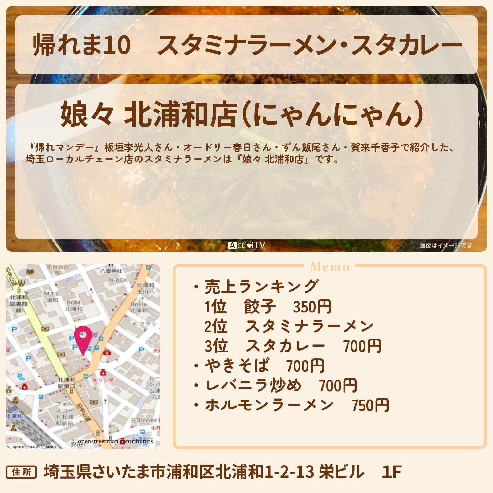 【帰れま10】スタミナラーメン・スタカレー『娘々 北浦和店』埼玉ローカルチェーン店の場所〔帰れマンデー・賀来千香子・板垣李光人〕