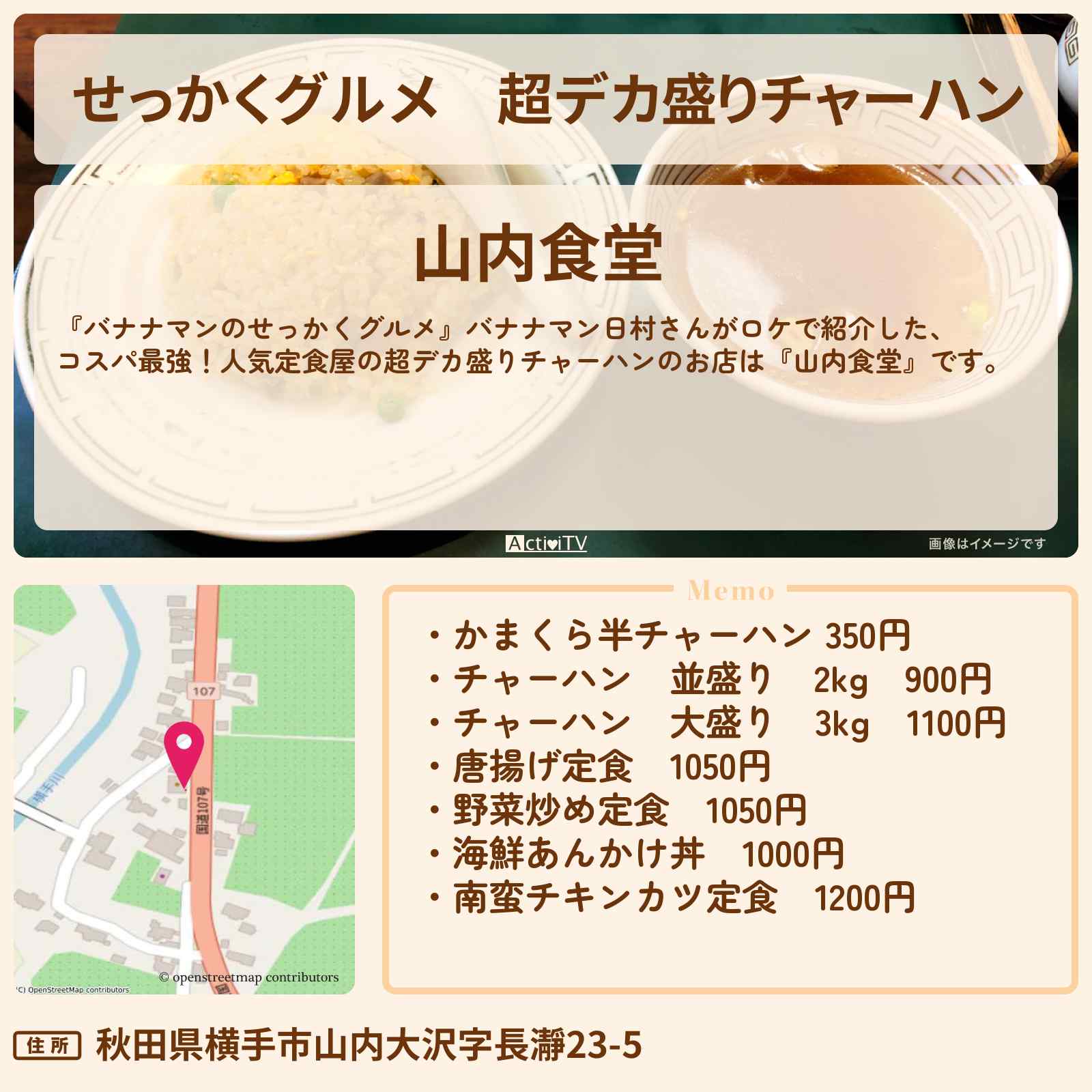 【せっかくグルメ】超デカ盛りチャーハン『山内食堂』秋田県横手ロケのお店情報〔日村勇紀〕