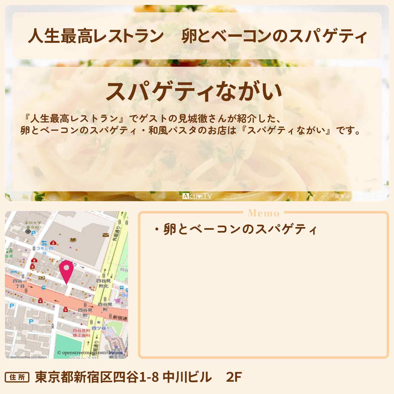 【人生最高レストラン】卵とベーコンのスパゲティ『ながい』四ツ谷駅のお店の場所〔幻冬舎・見城徹〕