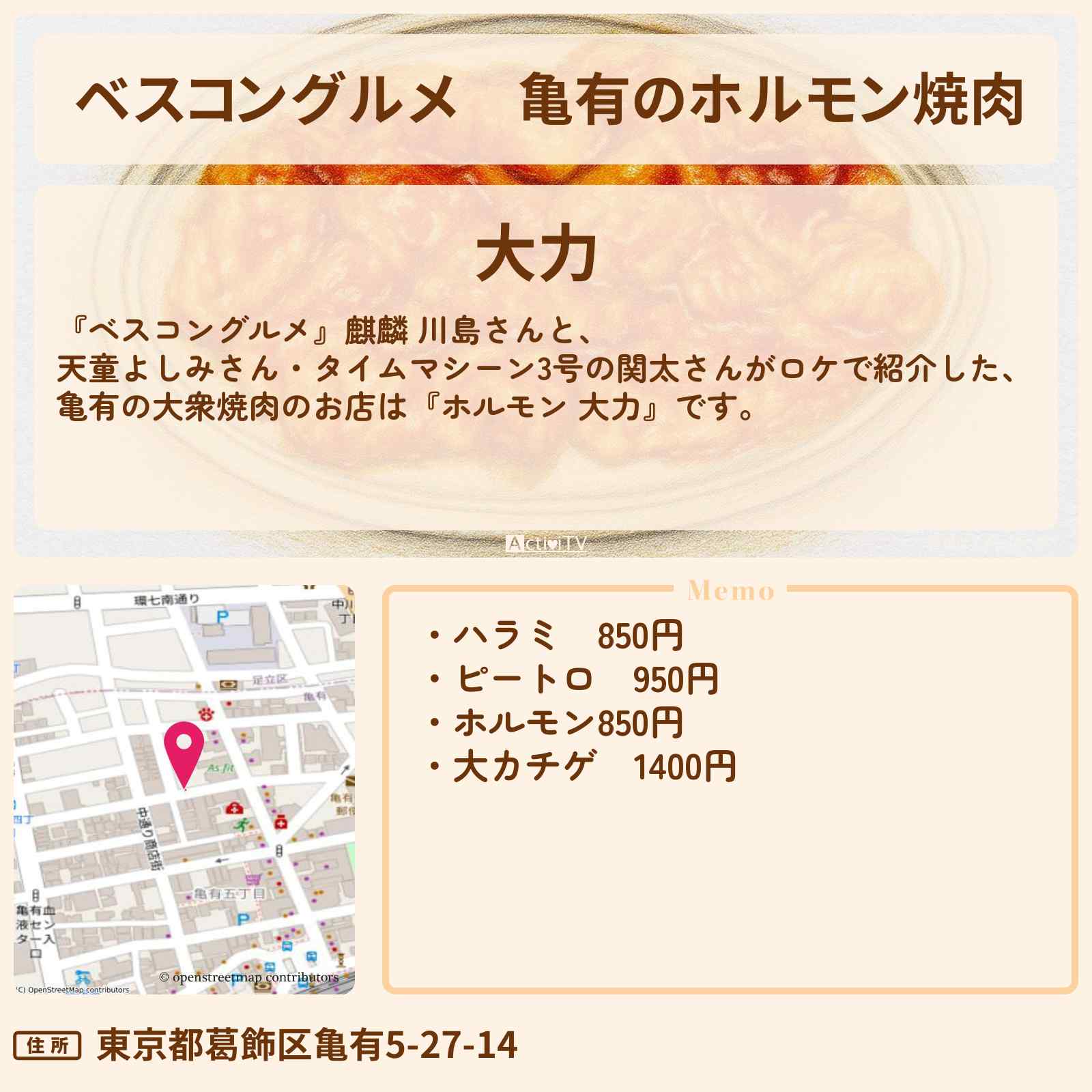 【ベスコングルメ】亀有のホルモン焼肉『大力』ハラミ・ピートロのロケ地・お店〔天童よしみ・タイムマシーン3号〕