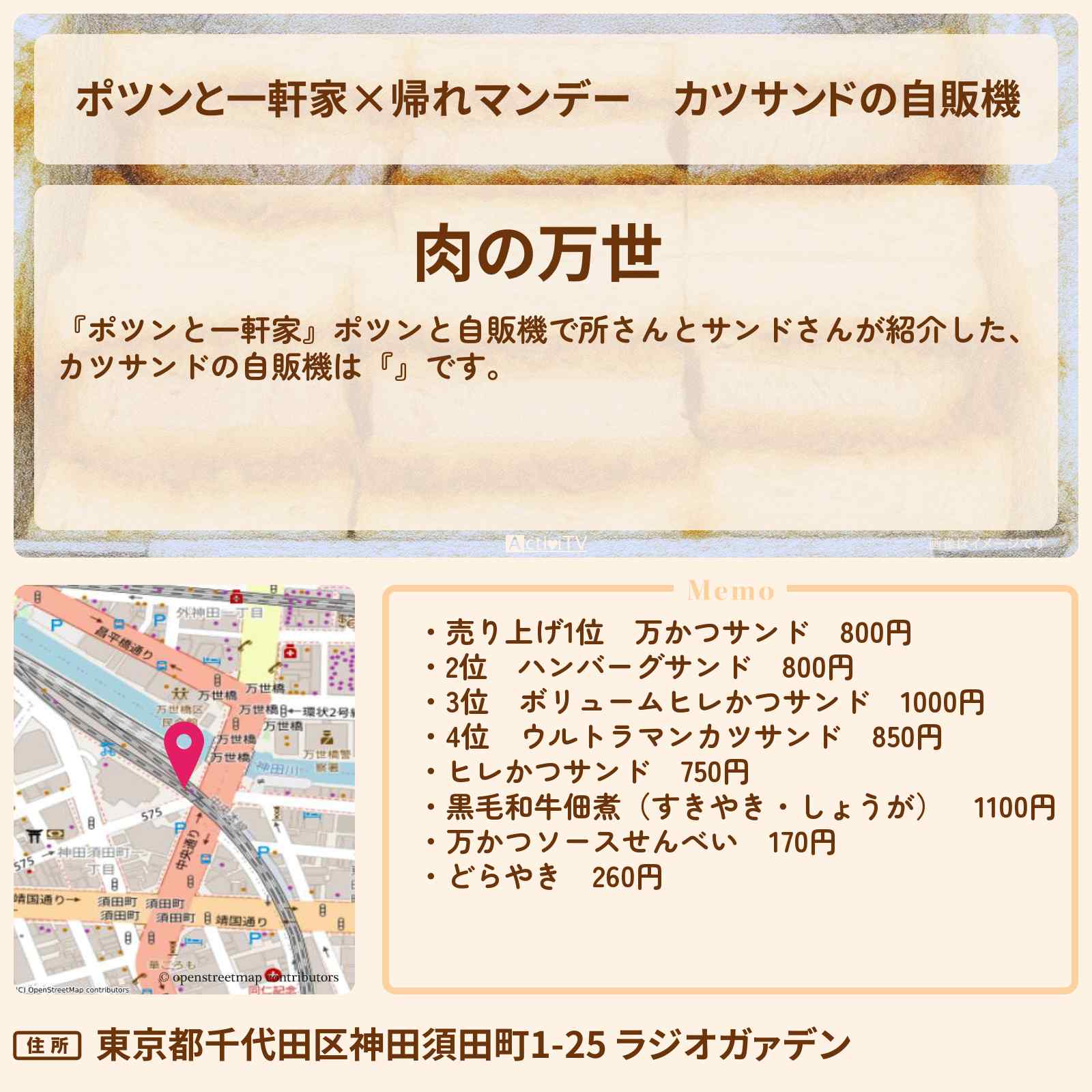 【ポツンと一軒家×帰れマンデー】カツサンドの自販機『肉の万世』秋葉原の高架下のお店の場所